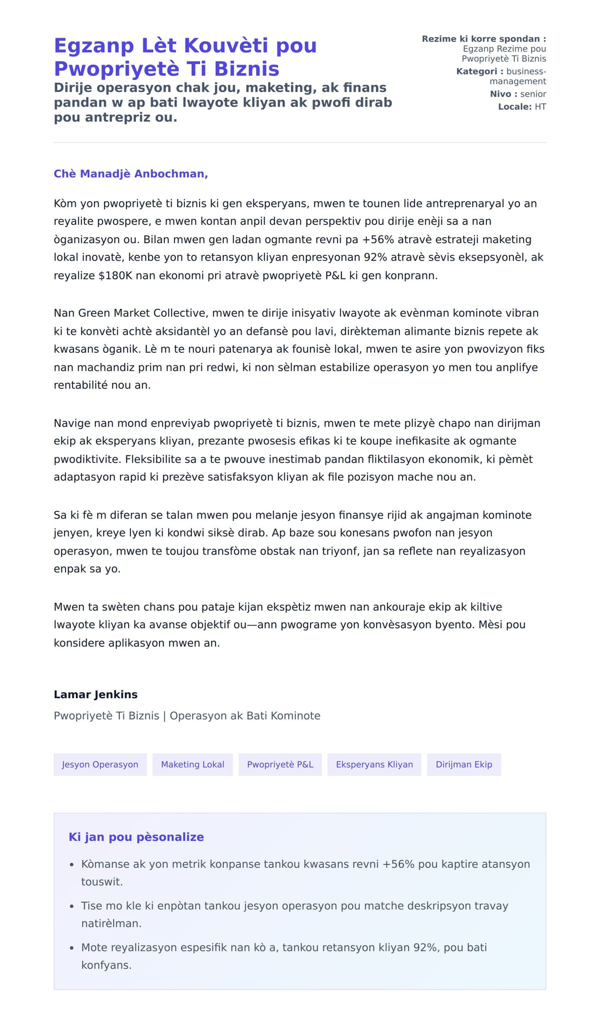 Premye apèsi lèt kouvèti pou Egzanp Lèt Kouvèti pou Pwopriyetè Ti Biznis