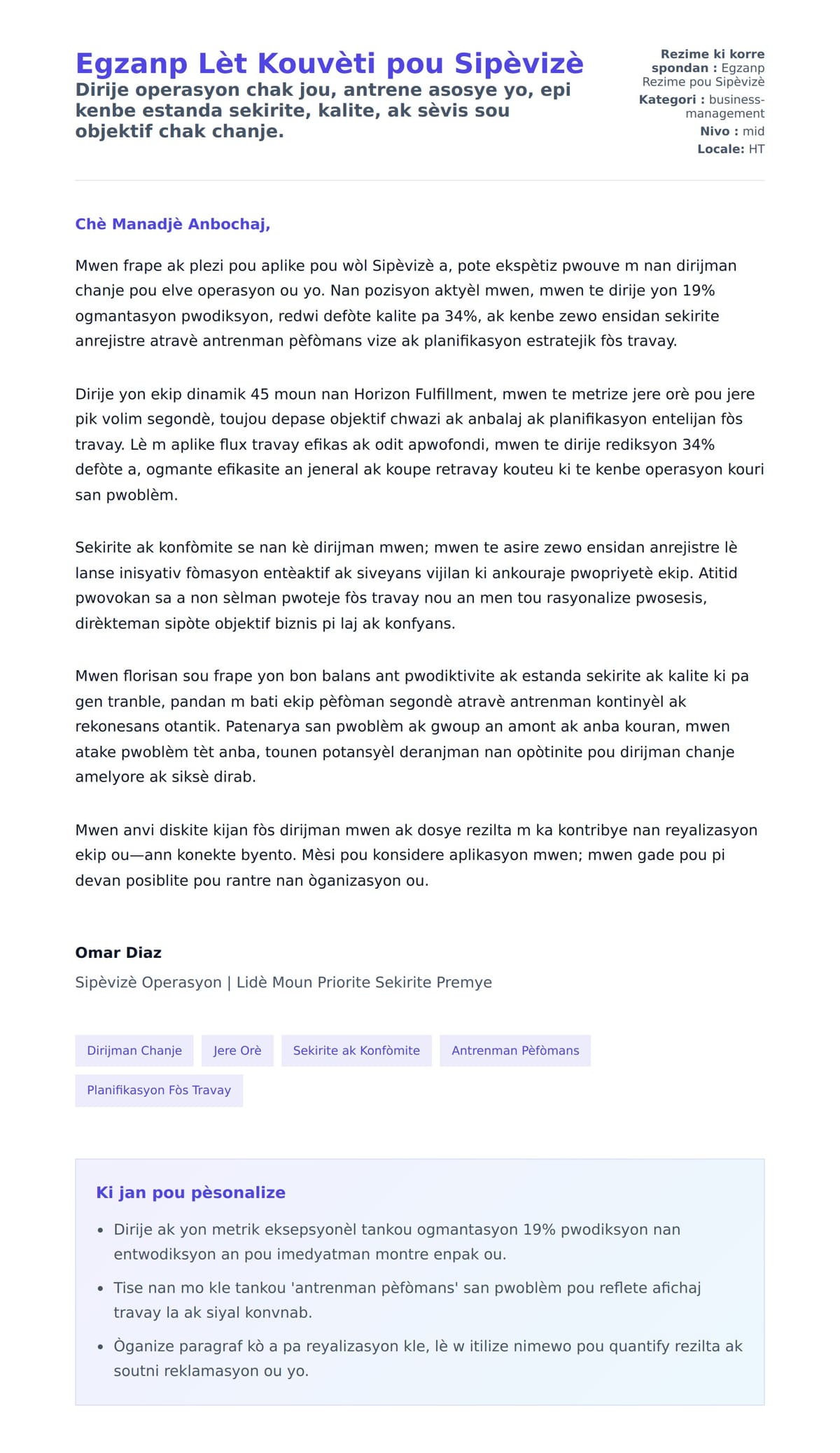 Premye apèsi lèt kouvèti pou Egzanp Lèt Kouvèti pou Sipèvizè