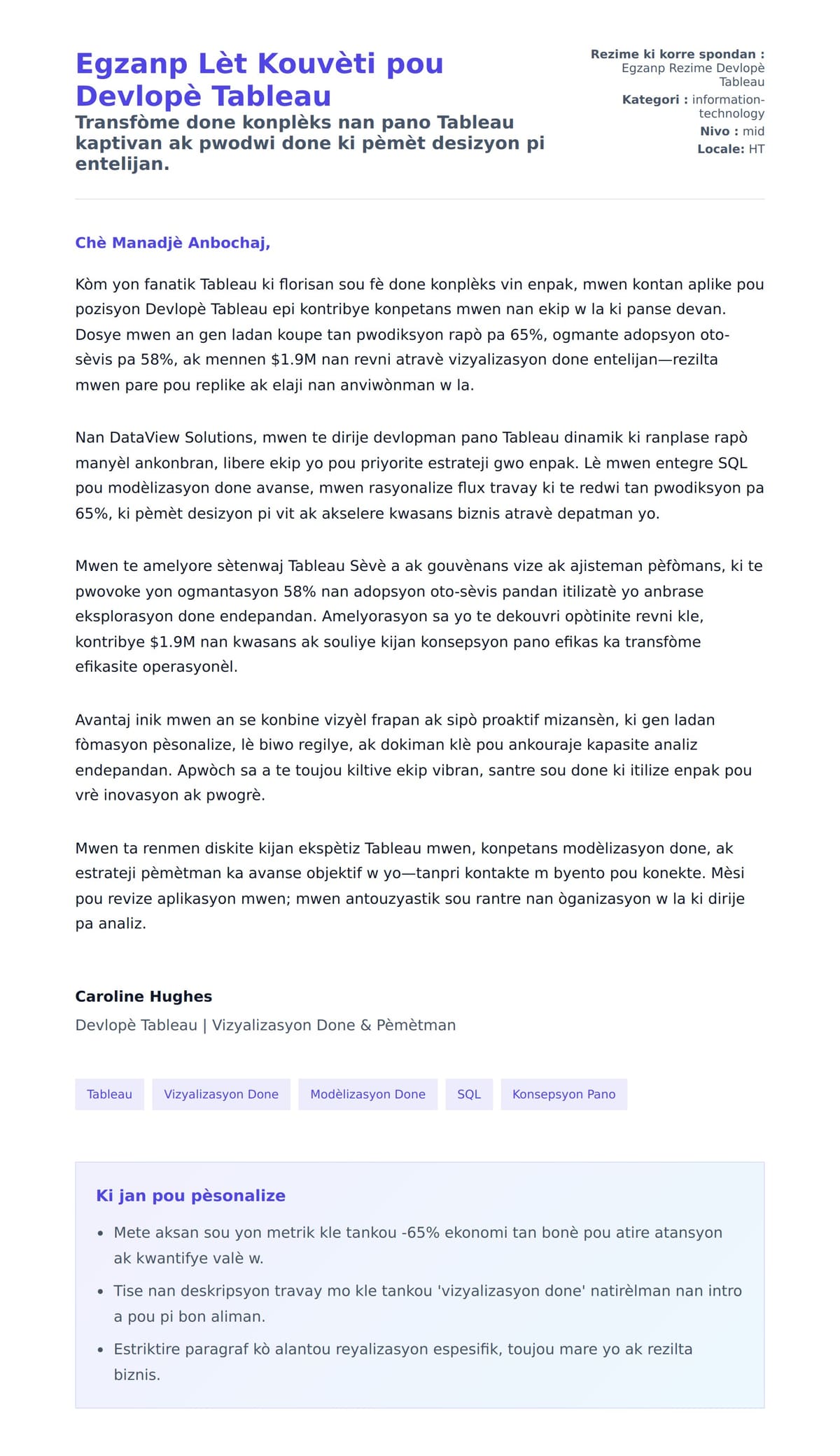 Premye apèsi lèt kouvèti pou Egzanp Lèt Kouvèti pou Devlopè Tableau