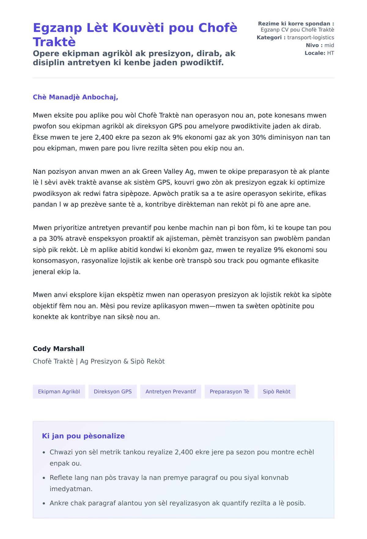 Premye apèsi lèt kouvèti pou Egzanp Lèt Kouvèti pou Chofè Traktè