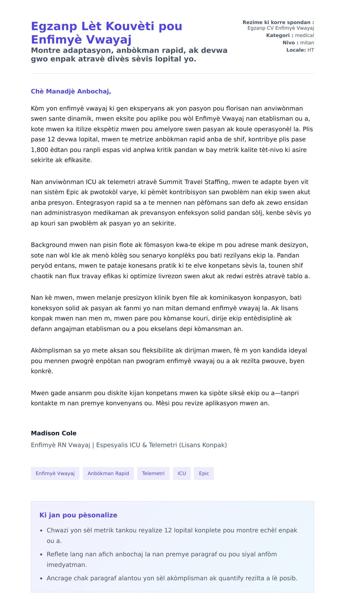 Premye apèsi lèt kouvèti pou Egzanp Lèt Kouvèti pou Enfimyè Vwayaj