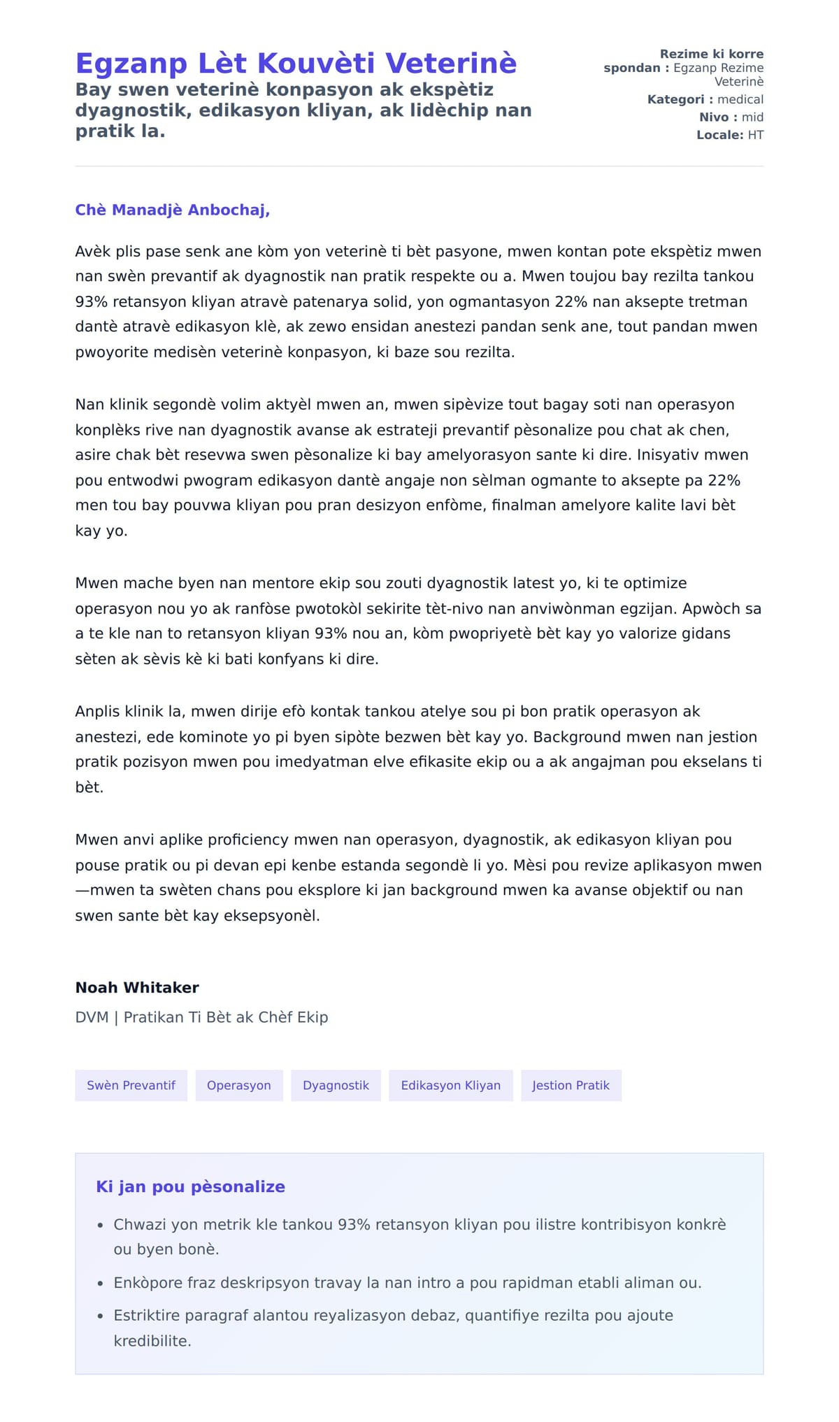 Premye apèsi lèt kouvèti pou Egzanp Lèt Kouvèti Veterinè