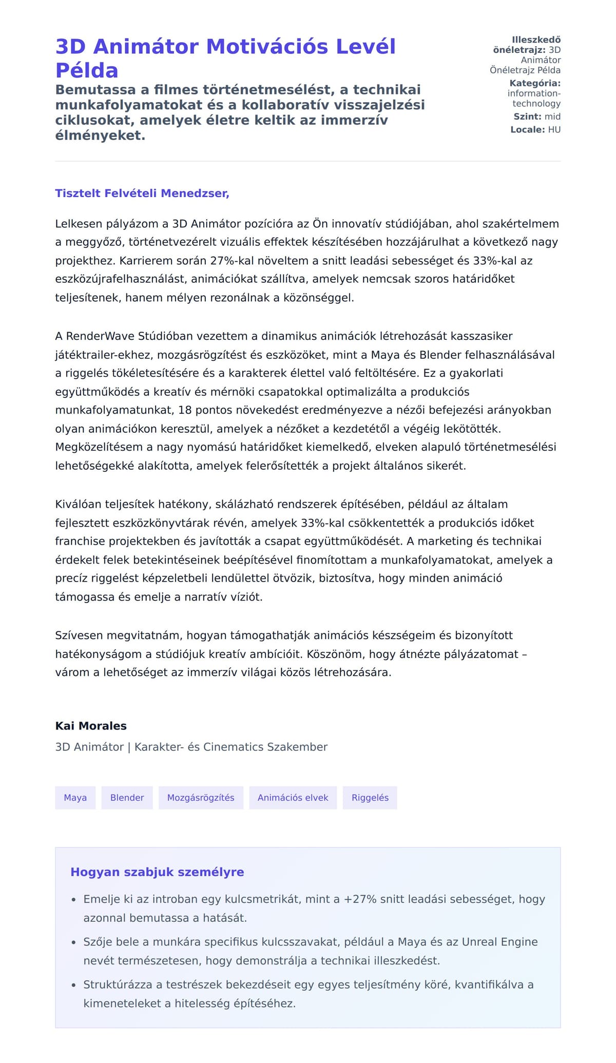 Kísérőlevél előnézet 3D Animátor Motivációs Levél Példa számára