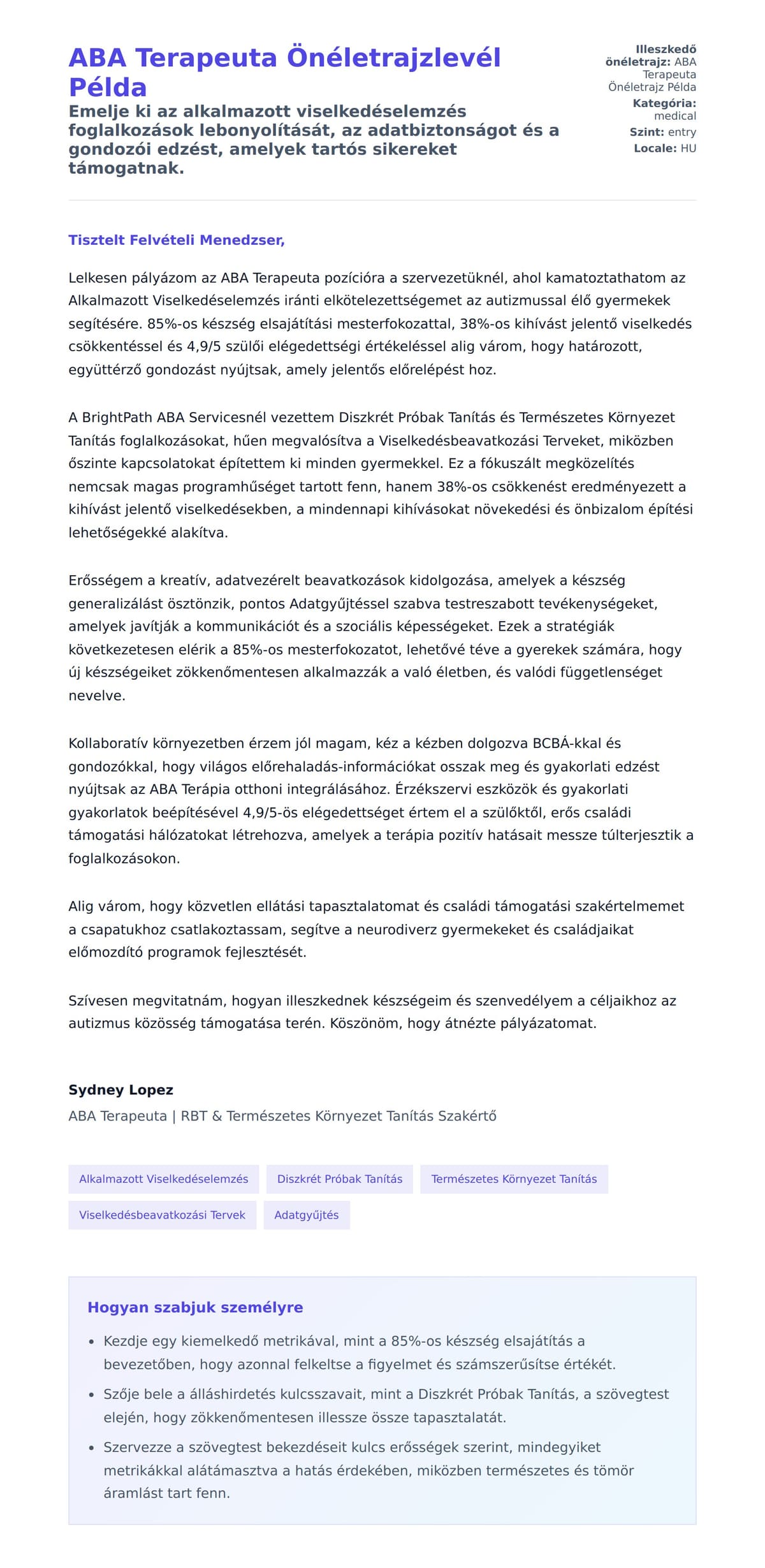 Kísérőlevél előnézet ABA Terapeuta Önéletrajzlevél Példa számára