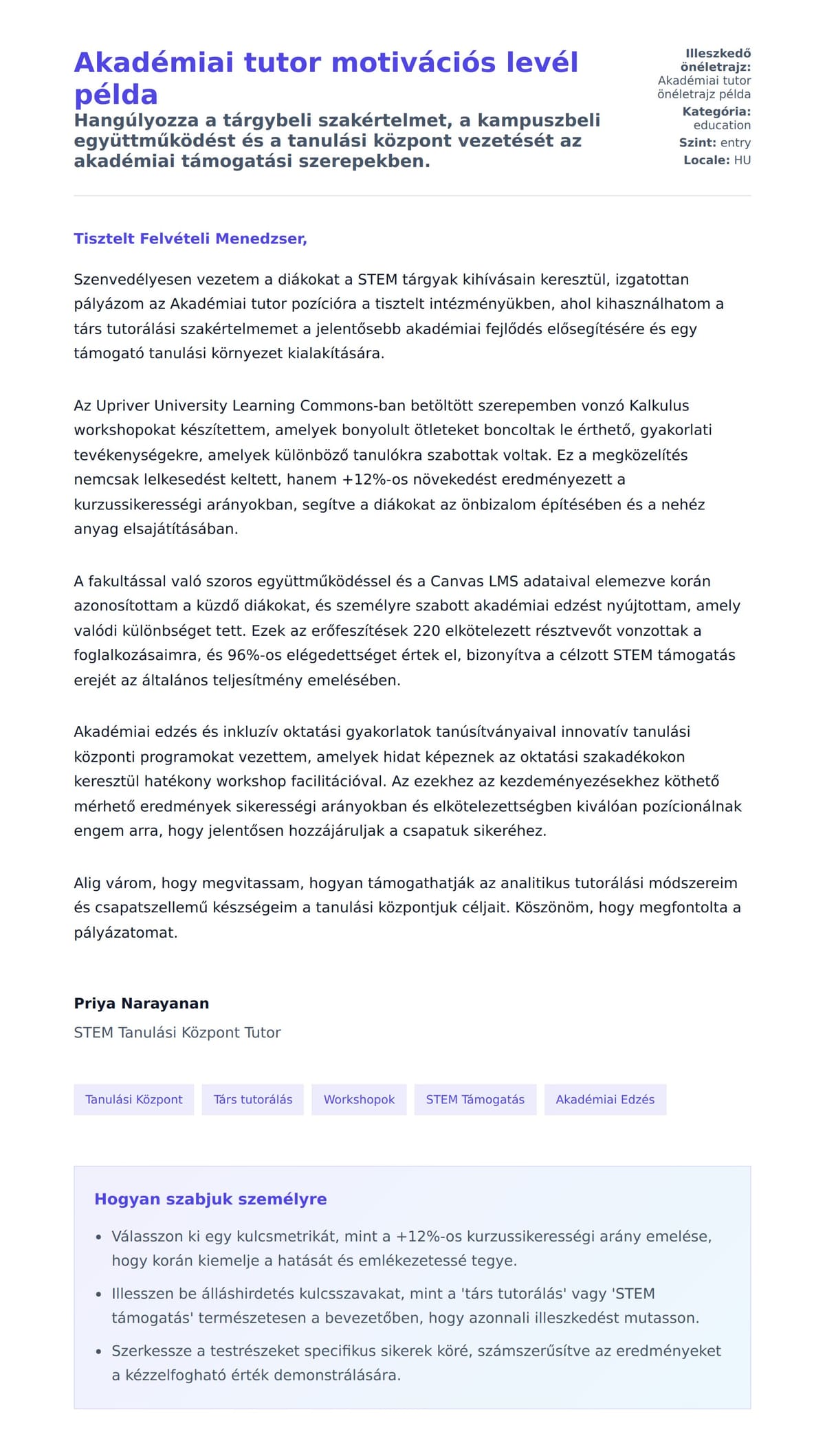 Kísérőlevél előnézet Akadémiai tutor motivációs levél példa számára