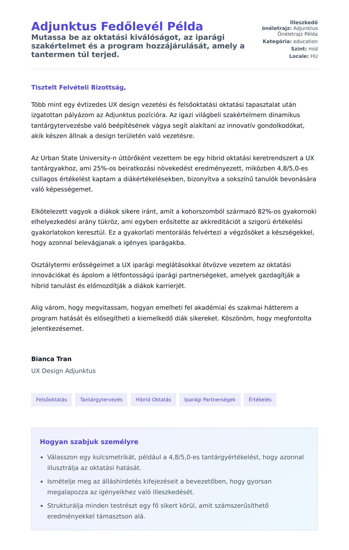 Kísérőlevél előnézet Adjunktus Fedőlevél Példa számára