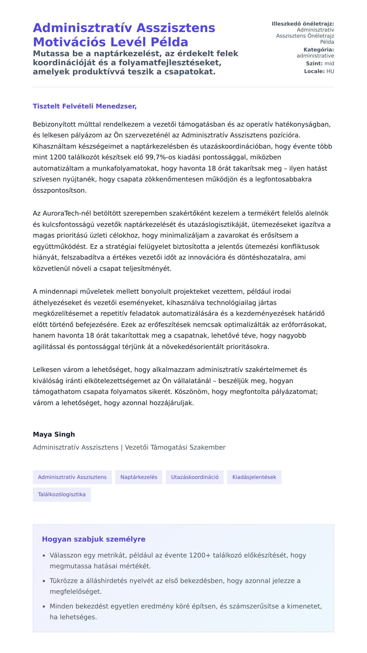 Kísérőlevél előnézet Adminisztratív Asszisztens Motivációs Levél Példa számára