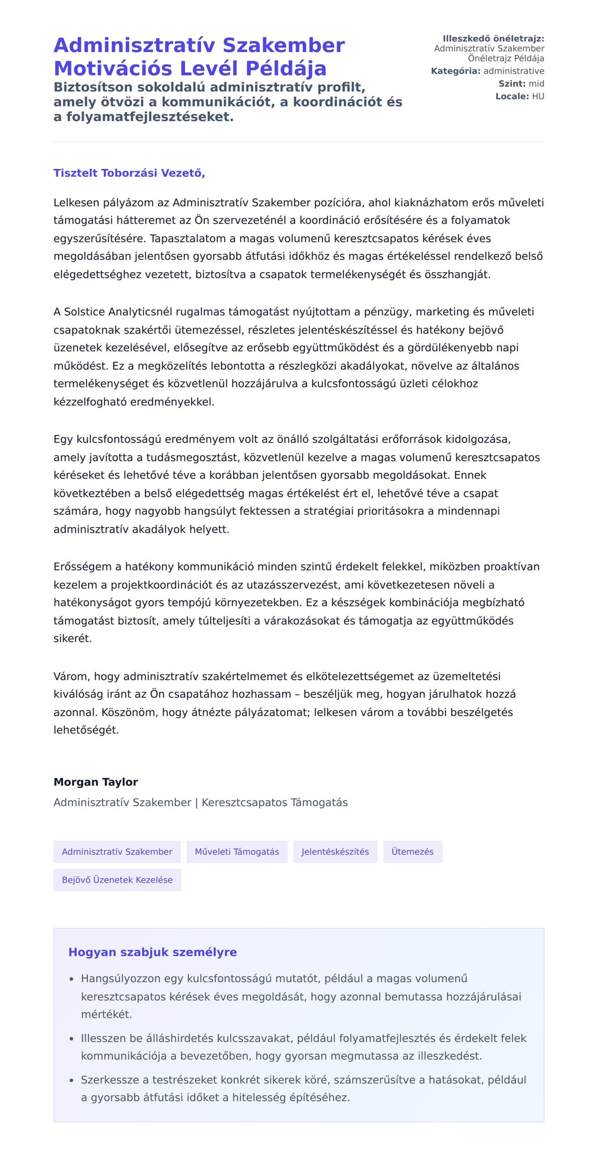 Kísérőlevél előnézet Adminisztratív Szakember Motivációs Levél Példája számára