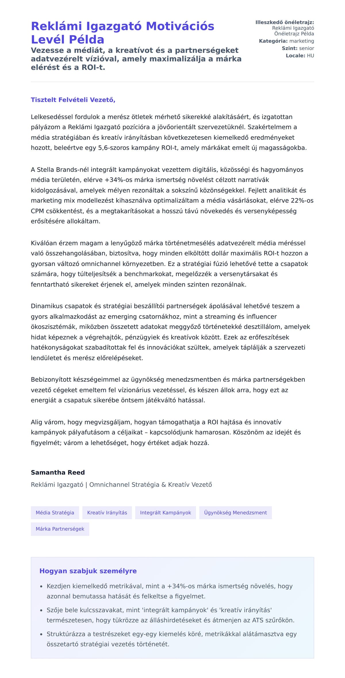 Kísérőlevél előnézet Reklámi Igazgató Motivációs Levél Példa számára