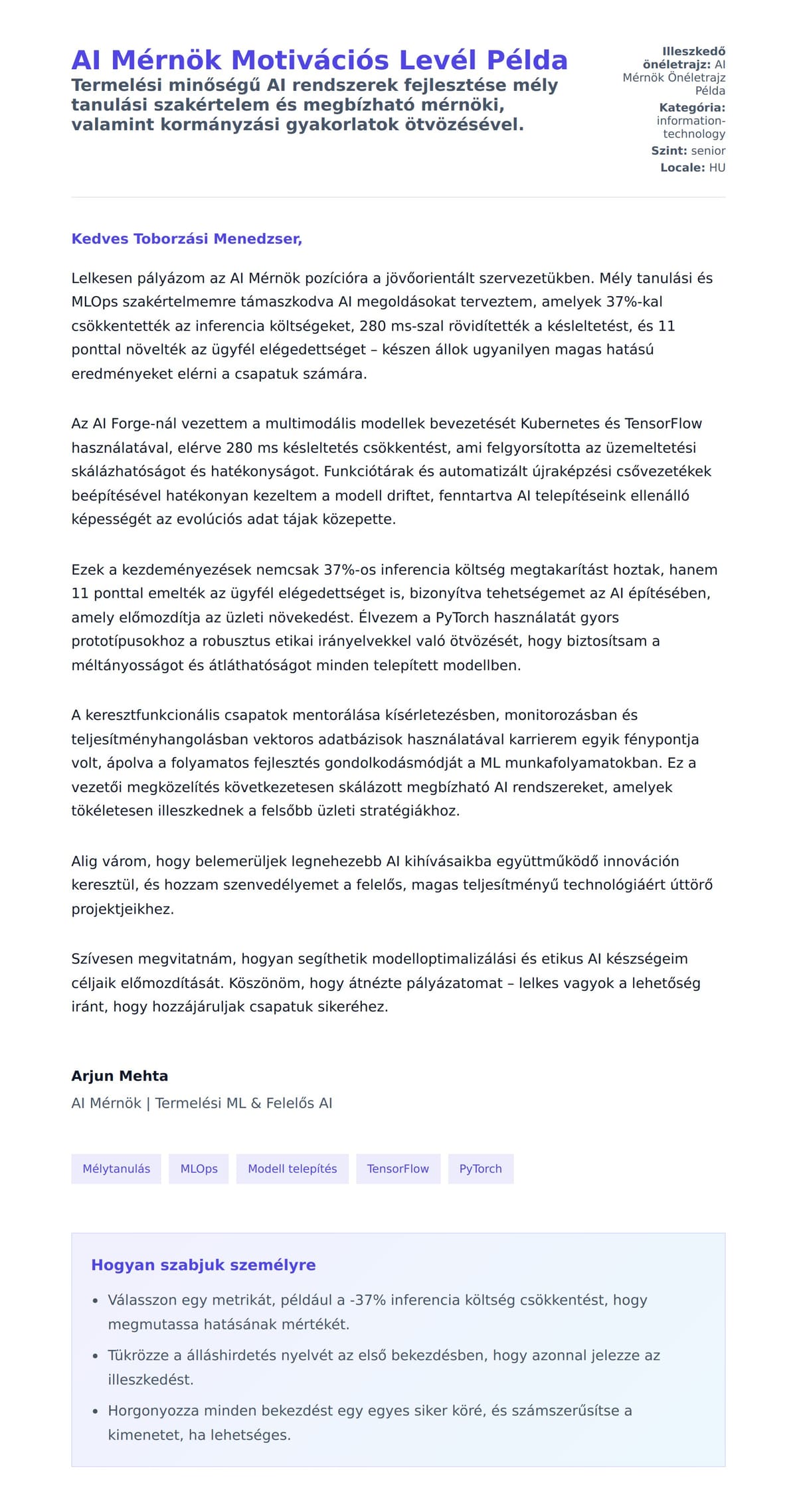 Kísérőlevél előnézet AI Mérnök Motivációs Levél Példa számára