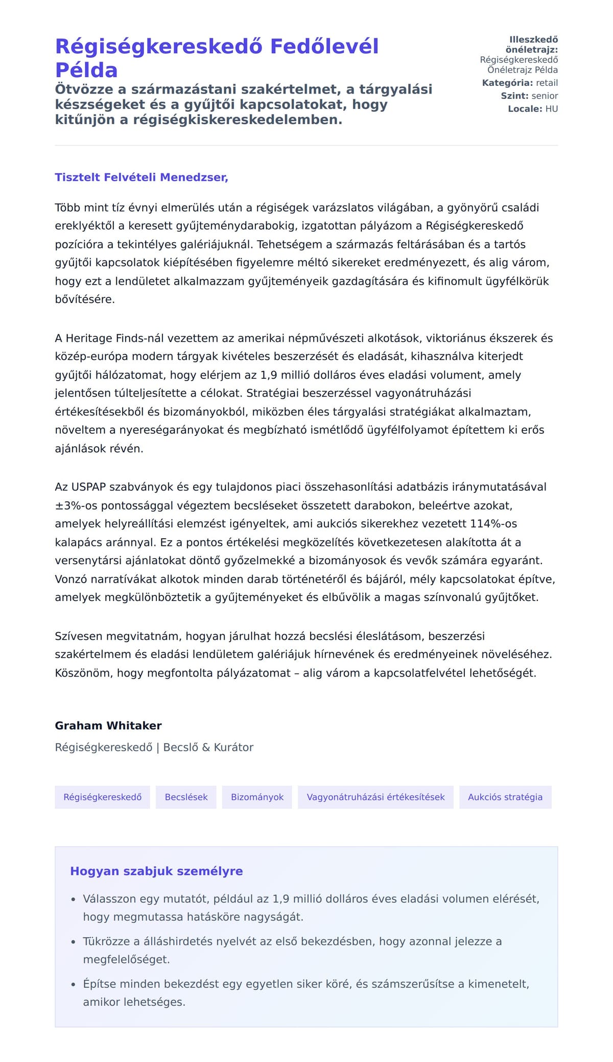 Kísérőlevél előnézet Régiségkereskedő Fedőlevél Példa számára