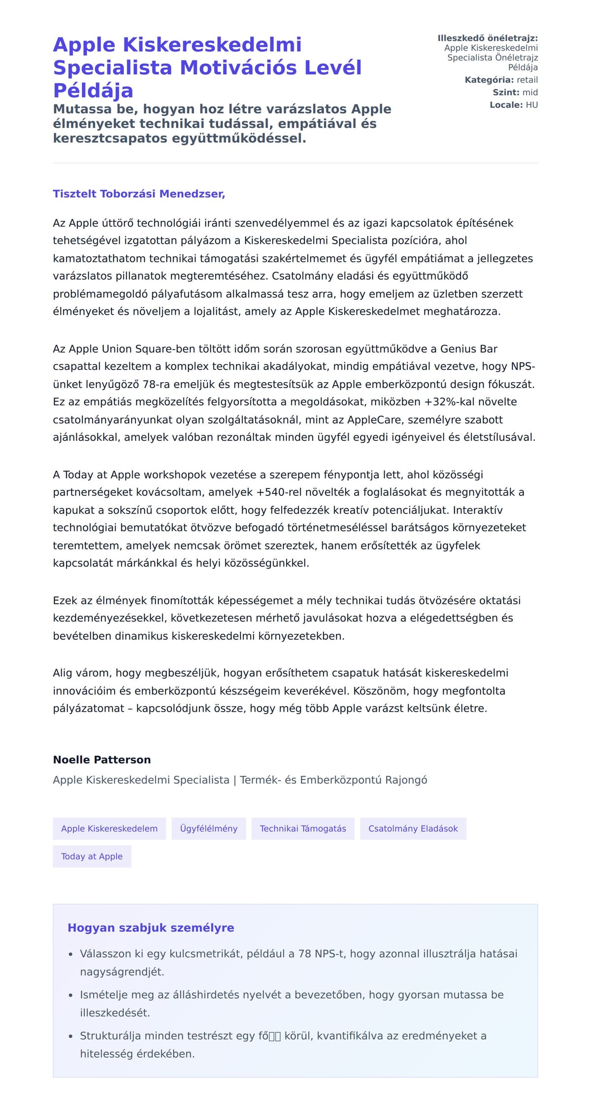 Kísérőlevél előnézet Apple Kiskereskedelmi Specialista Motivációs Levél Példája számára