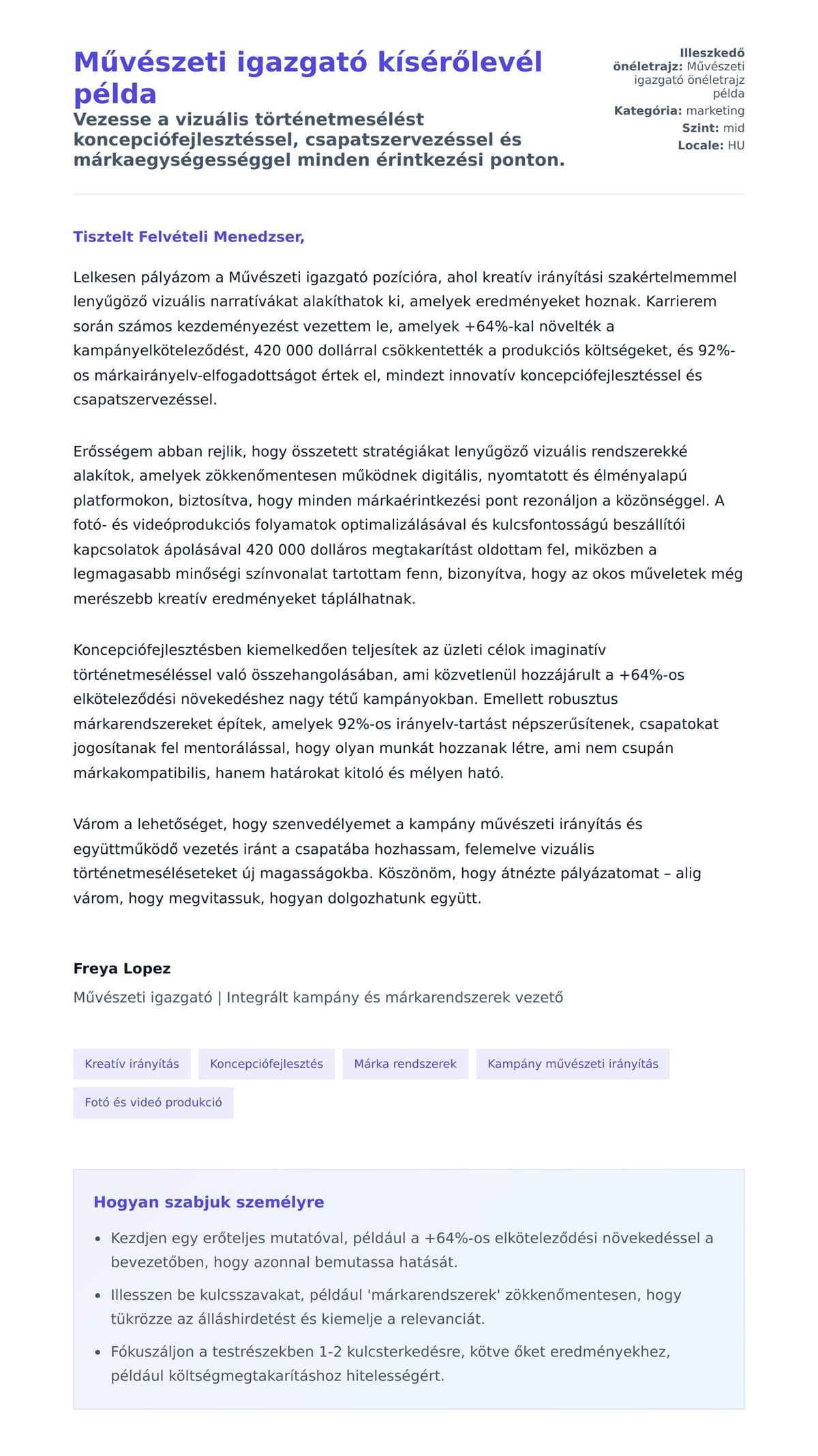 Kísérőlevél előnézet Művészeti igazgató kísérőlevél példa számára