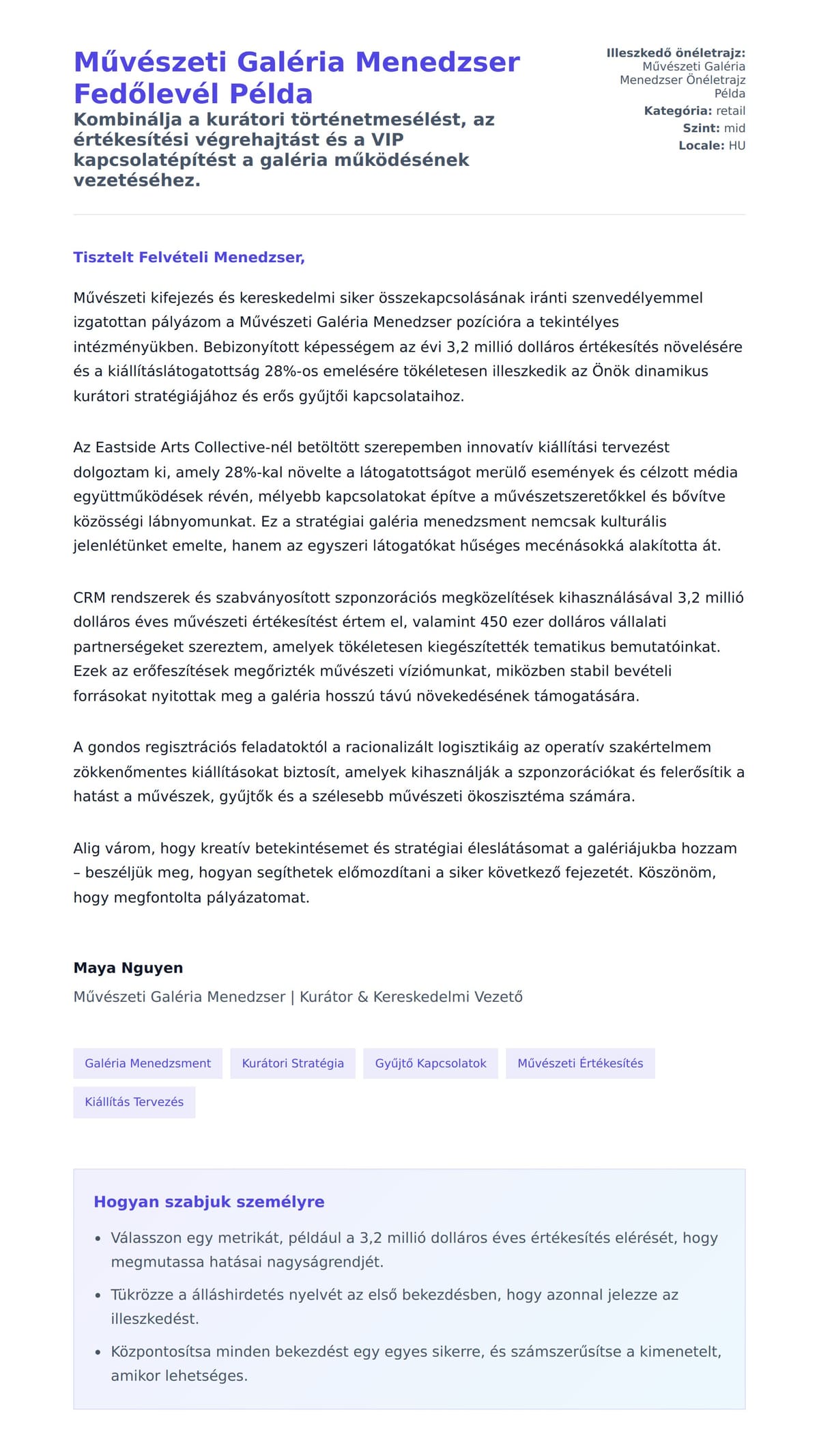 Kísérőlevél előnézet Művészeti Galéria Menedzser Fedőlevél Példa számára