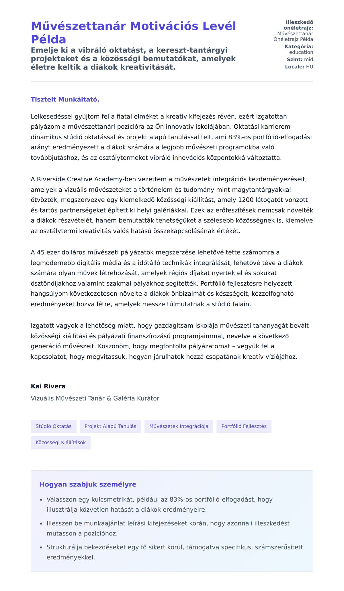 Kísérőlevél előnézet Művészettanár Motivációs Levél Példa számára