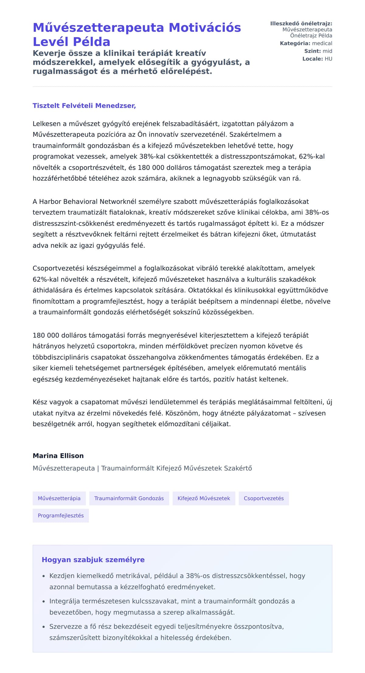 Kísérőlevél előnézet Művészetterapeuta Motivációs Levél Példa számára