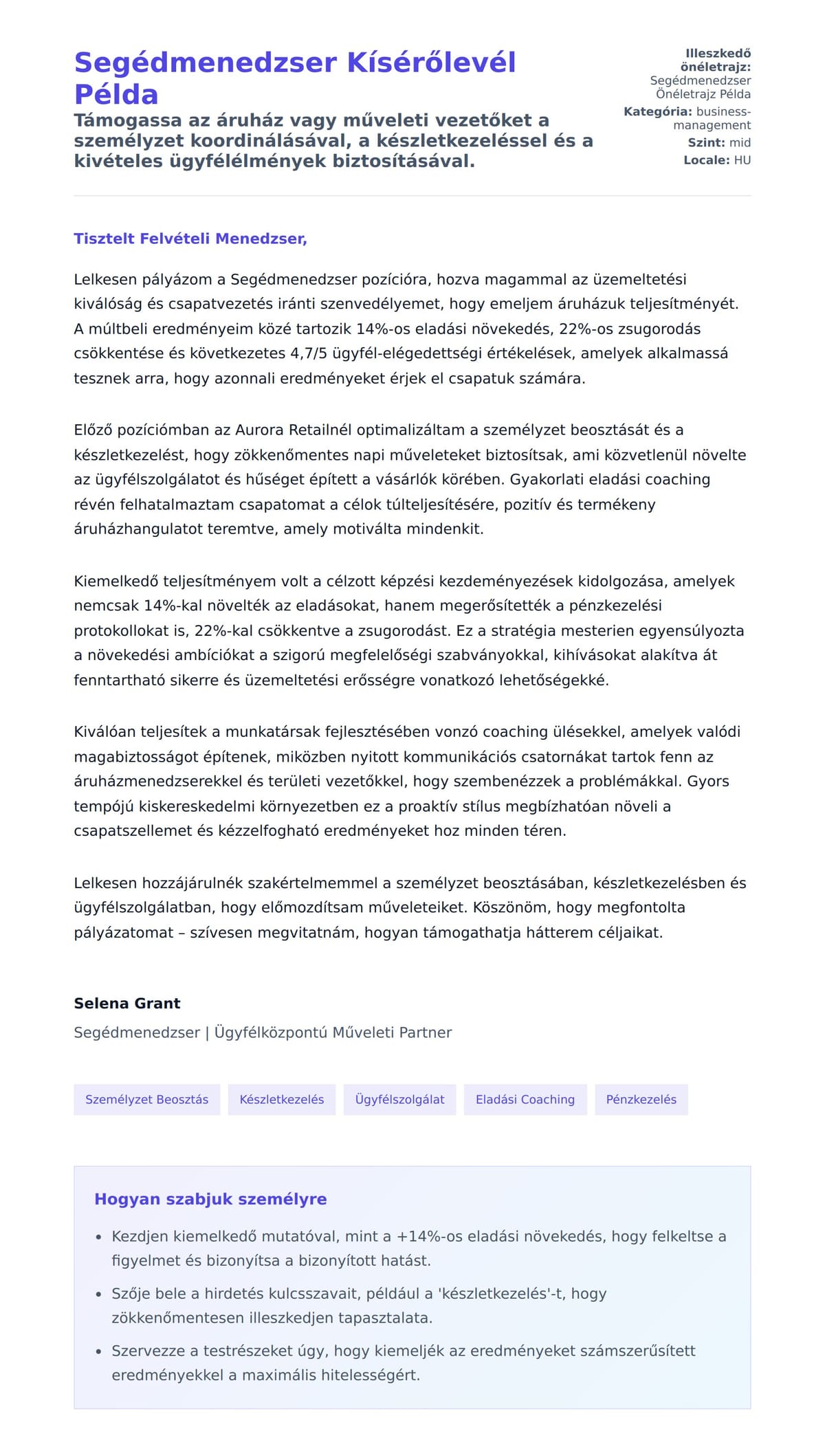 Kísérőlevél előnézet Segédmenedzser Kísérőlevél Példa számára