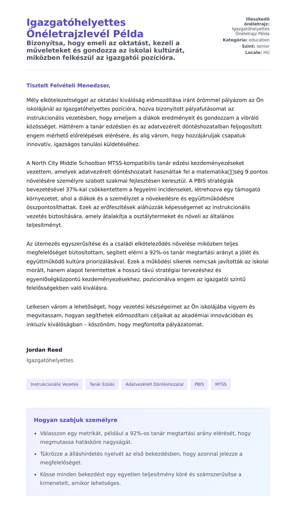 Kísérőlevél előnézet Igazgatóhelyettes Önéletrajzlevél Példa számára