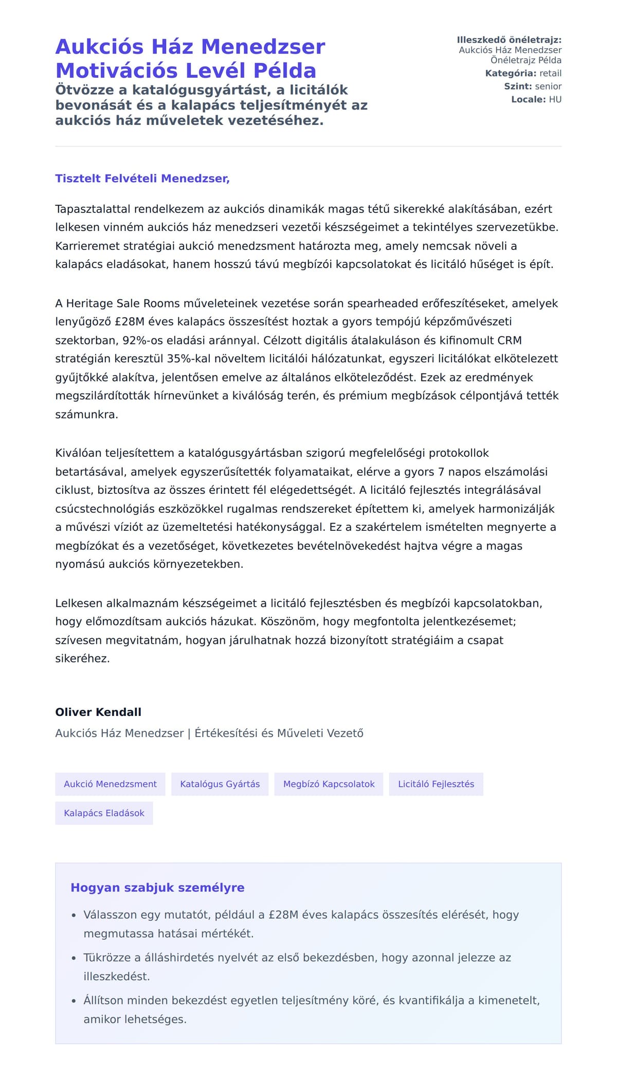 Kísérőlevél előnézet Aukciós Ház Menedzser Motivációs Levél Példa számára