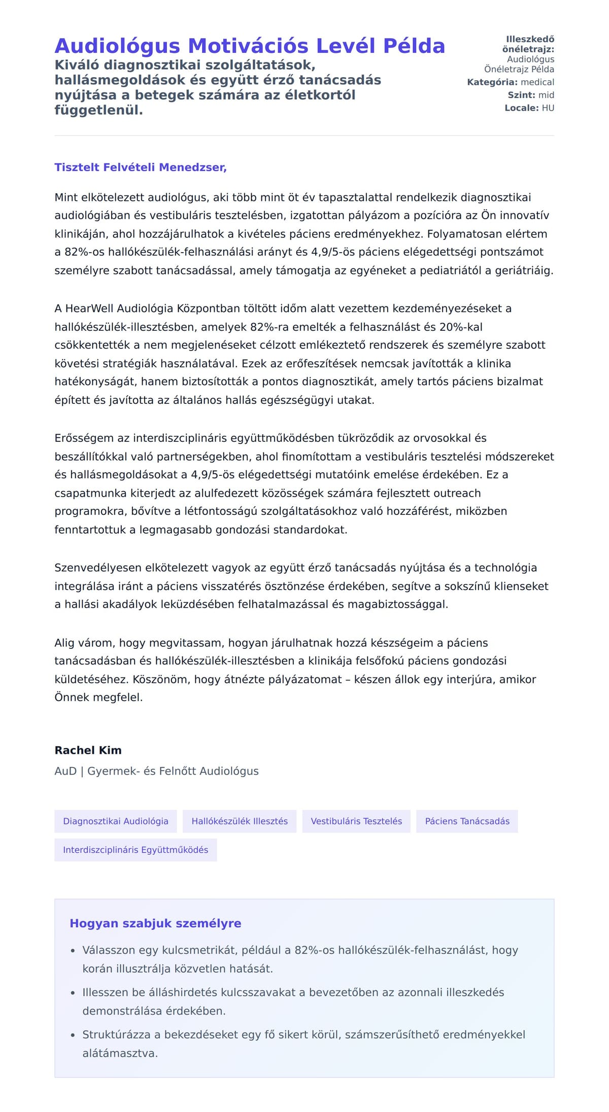 Kísérőlevél előnézet Audiológus Motivációs Levél Példa számára