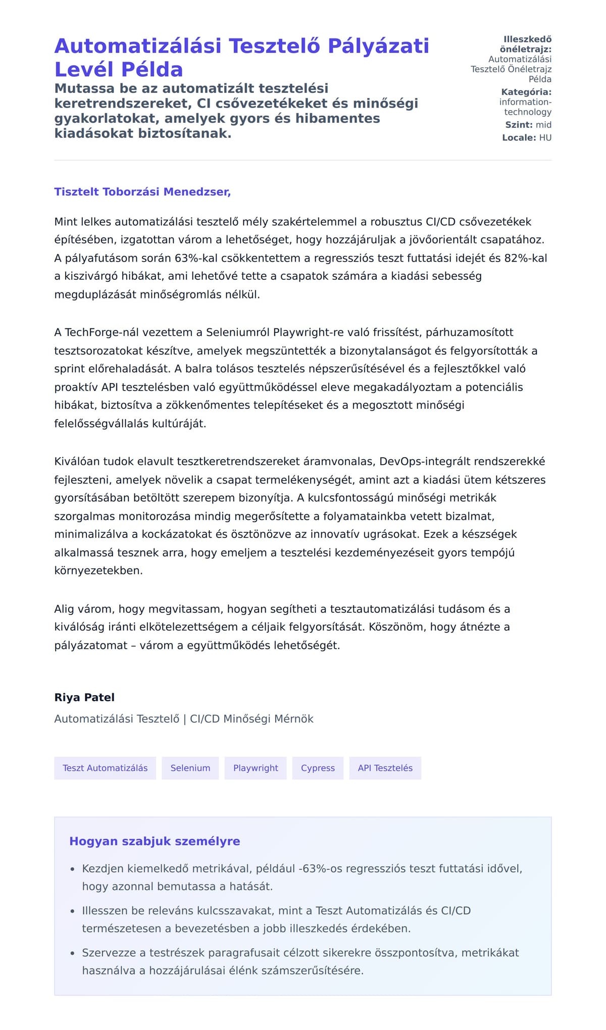 Kísérőlevél előnézet Automatizálási Tesztelő Pályázati Levél Példa számára