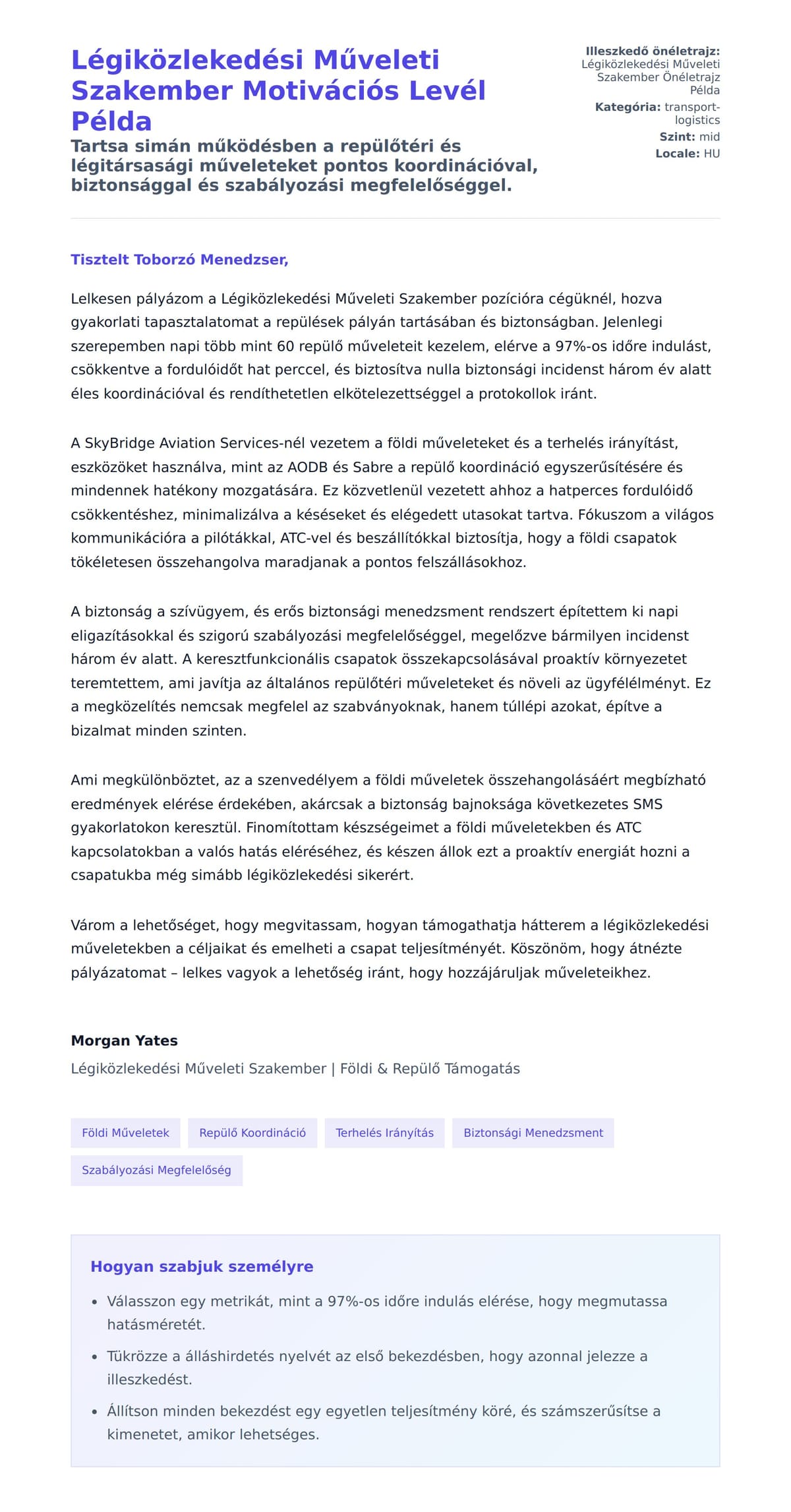 Kísérőlevél előnézet Légiközlekedési Műveleti Szakember Motivációs Levél Példa számára