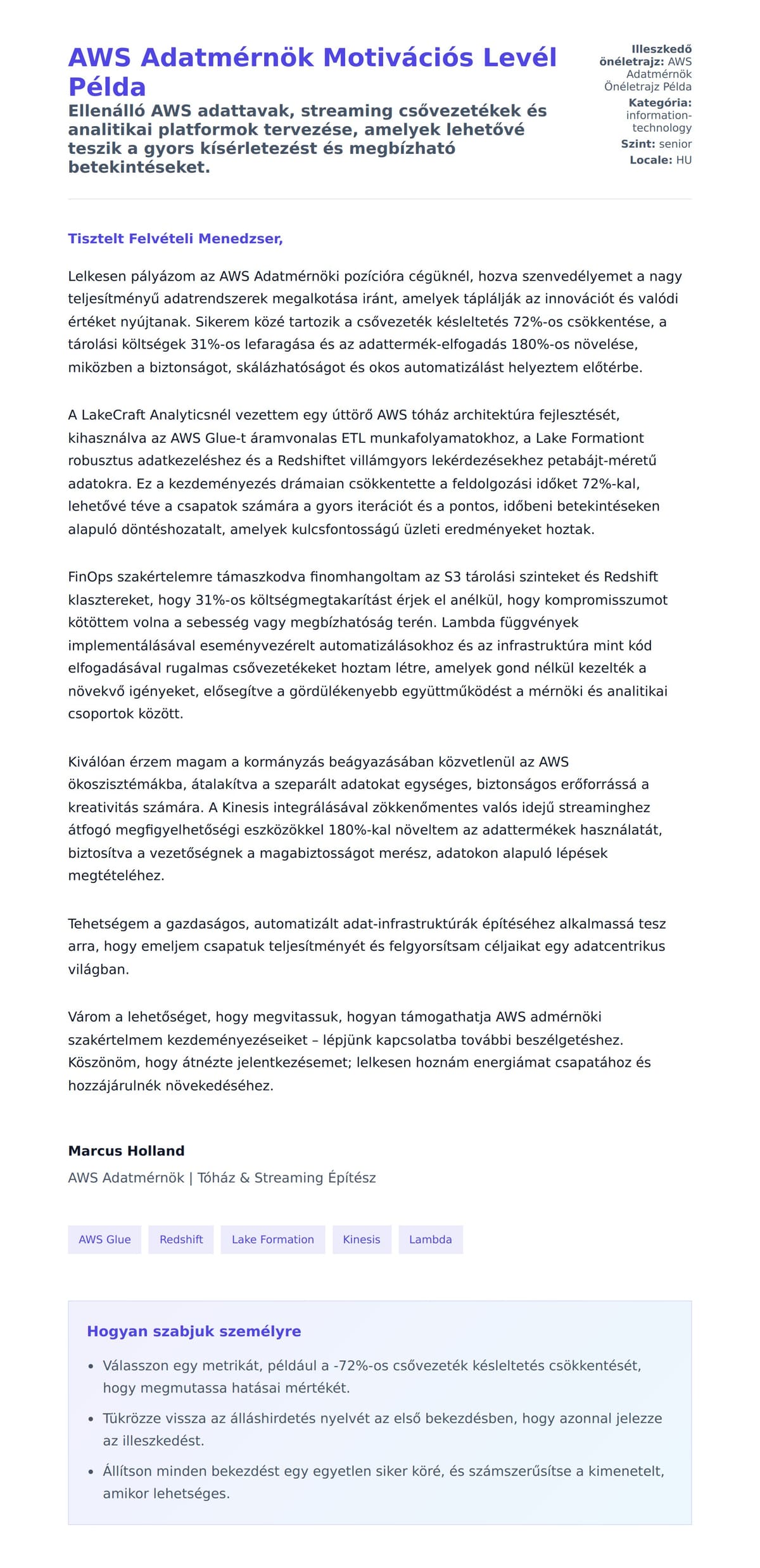 Kísérőlevél előnézet AWS Adatmérnök Motivációs Levél Példa számára