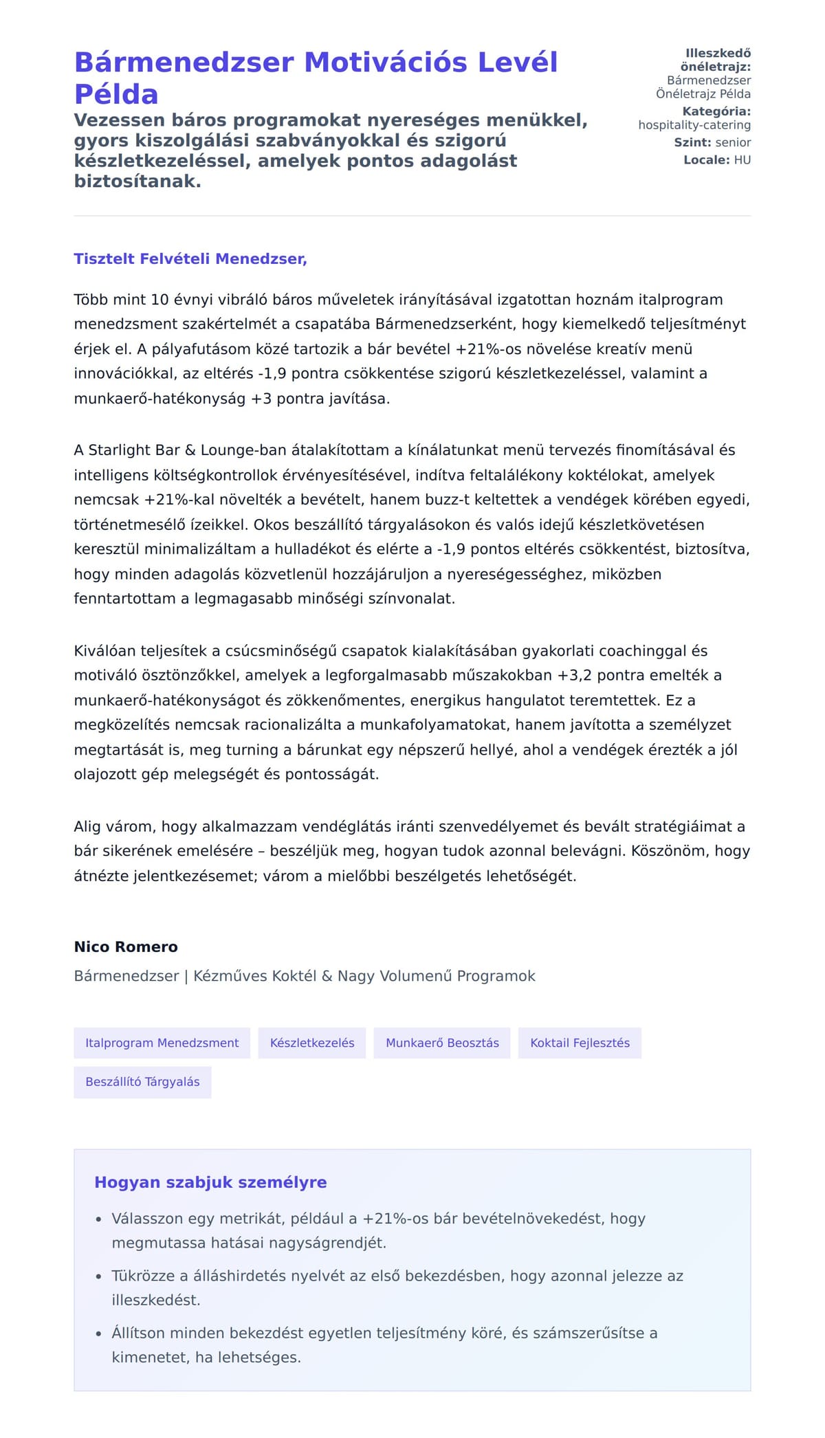 Kísérőlevél előnézet Bármenedzser Motivációs Levél Példa számára