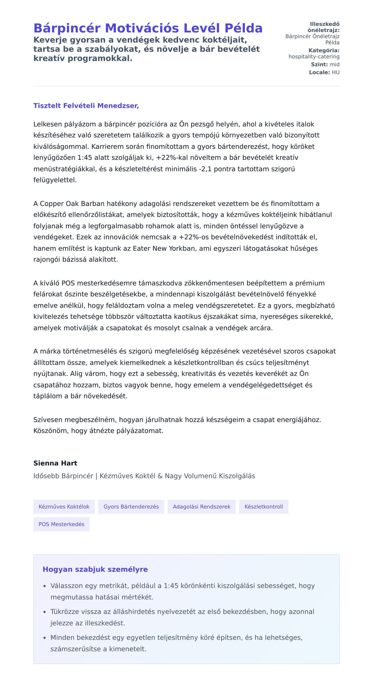 Kísérőlevél előnézet Bárpincér Motivációs Levél Példa számára