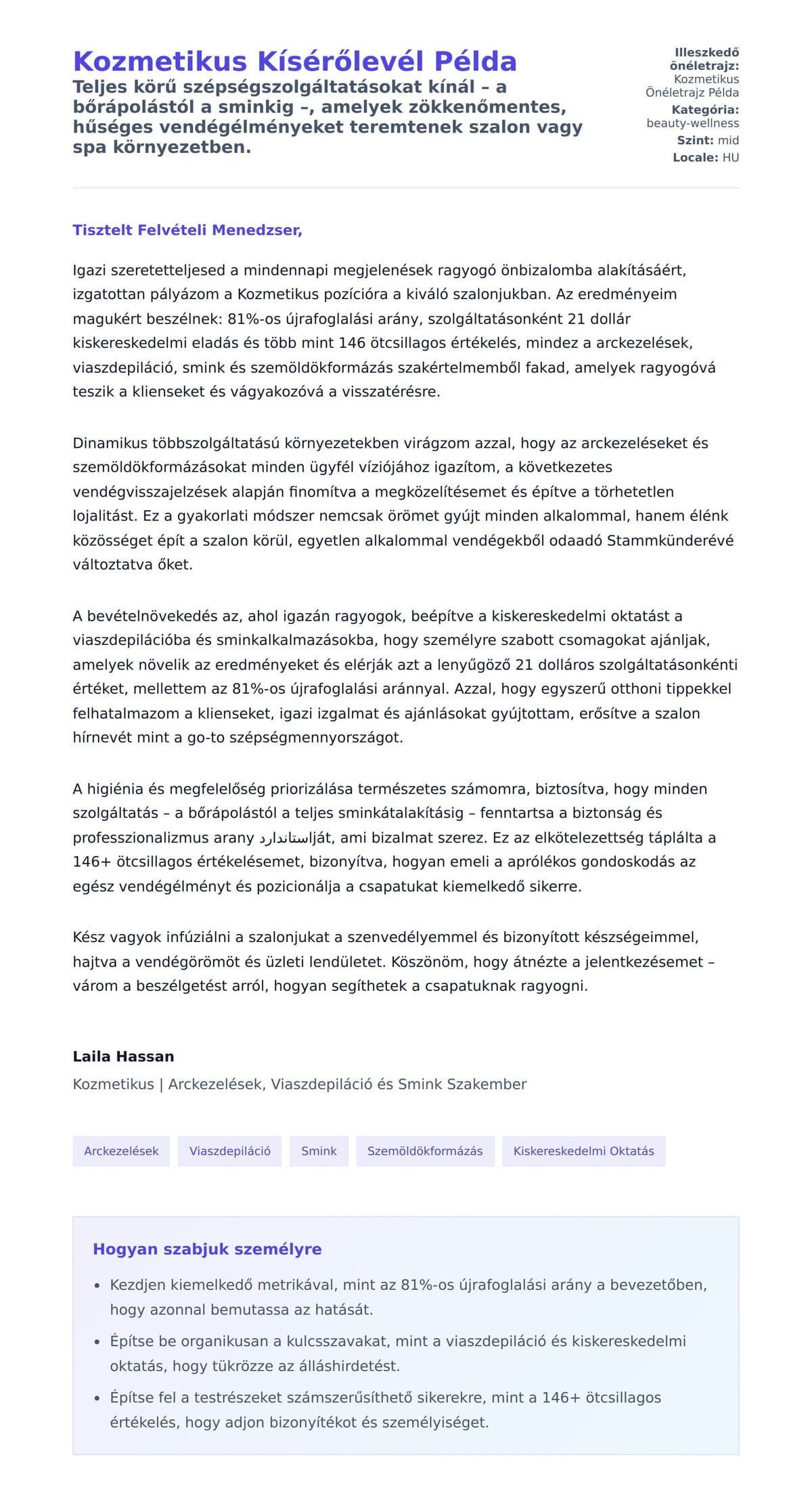 Kísérőlevél előnézet Kozmetikus Kísérőlevél Példa számára