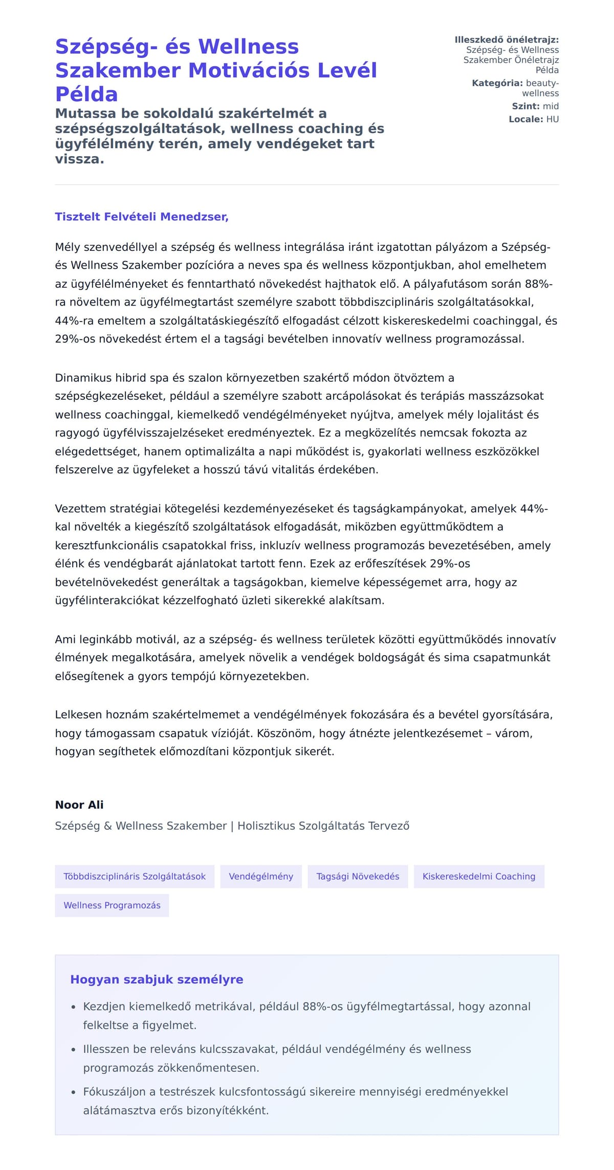 Szépség- és Wellness Szakember Motivációs Levél Példa