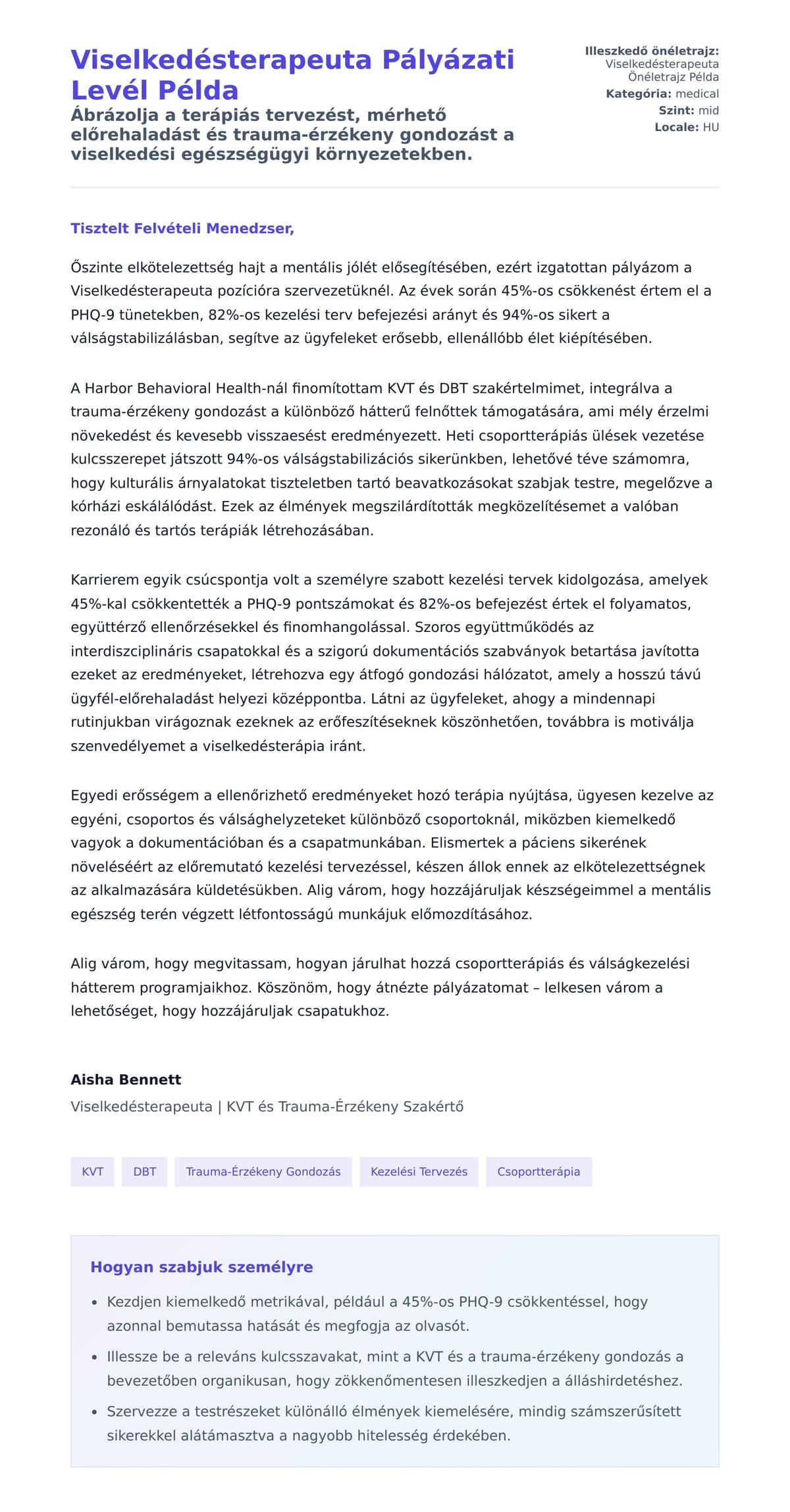 Kísérőlevél előnézet Viselkedésterapeuta Pályázati Levél Példa számára