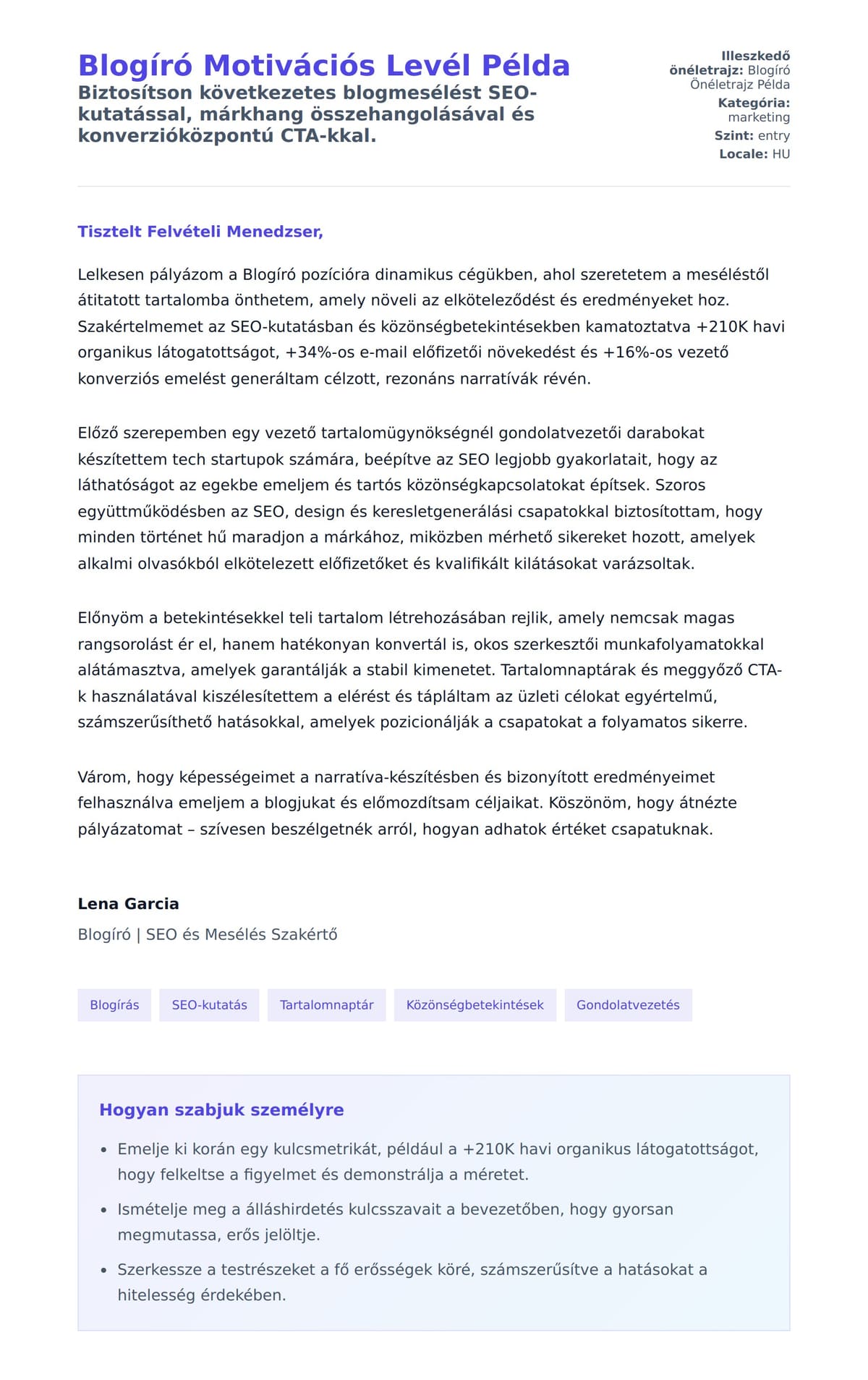 Kísérőlevél előnézet Blogíró Motivációs Levél Példa számára