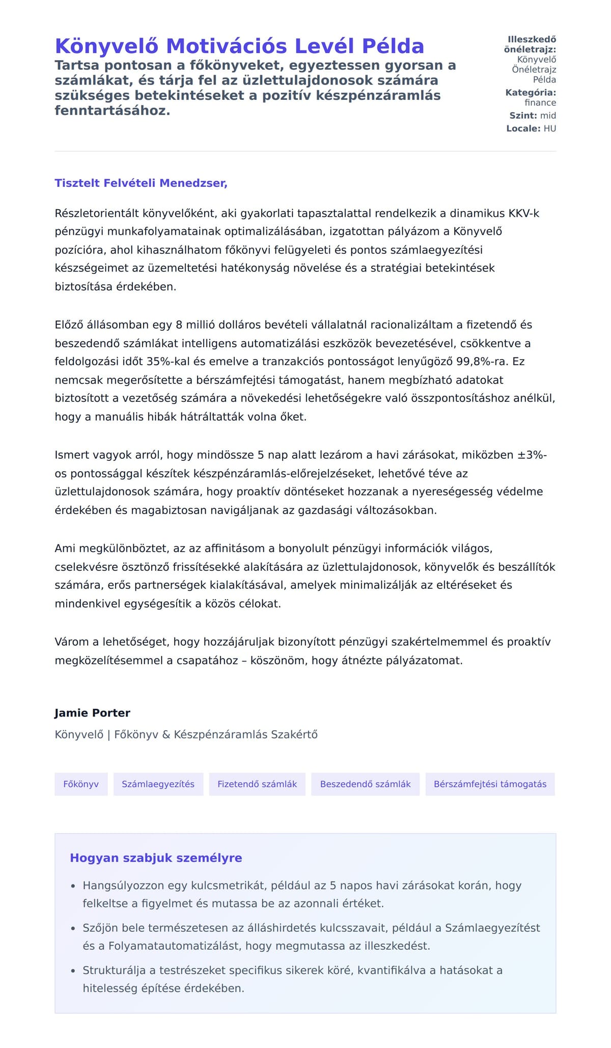 Kísérőlevél előnézet Könyvelő Motivációs Levél Példa számára