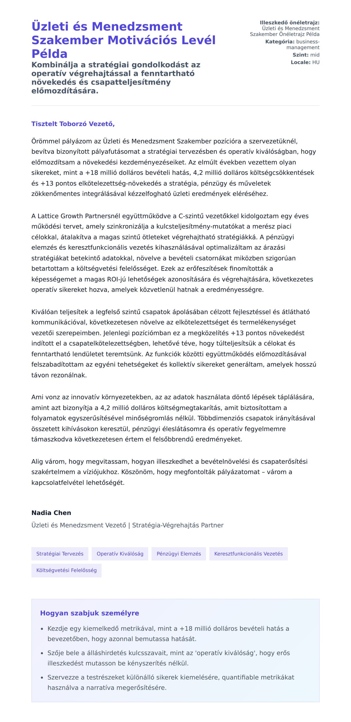 Kísérőlevél előnézet Üzleti és Menedzsment Szakember Motivációs Levél Példa számára