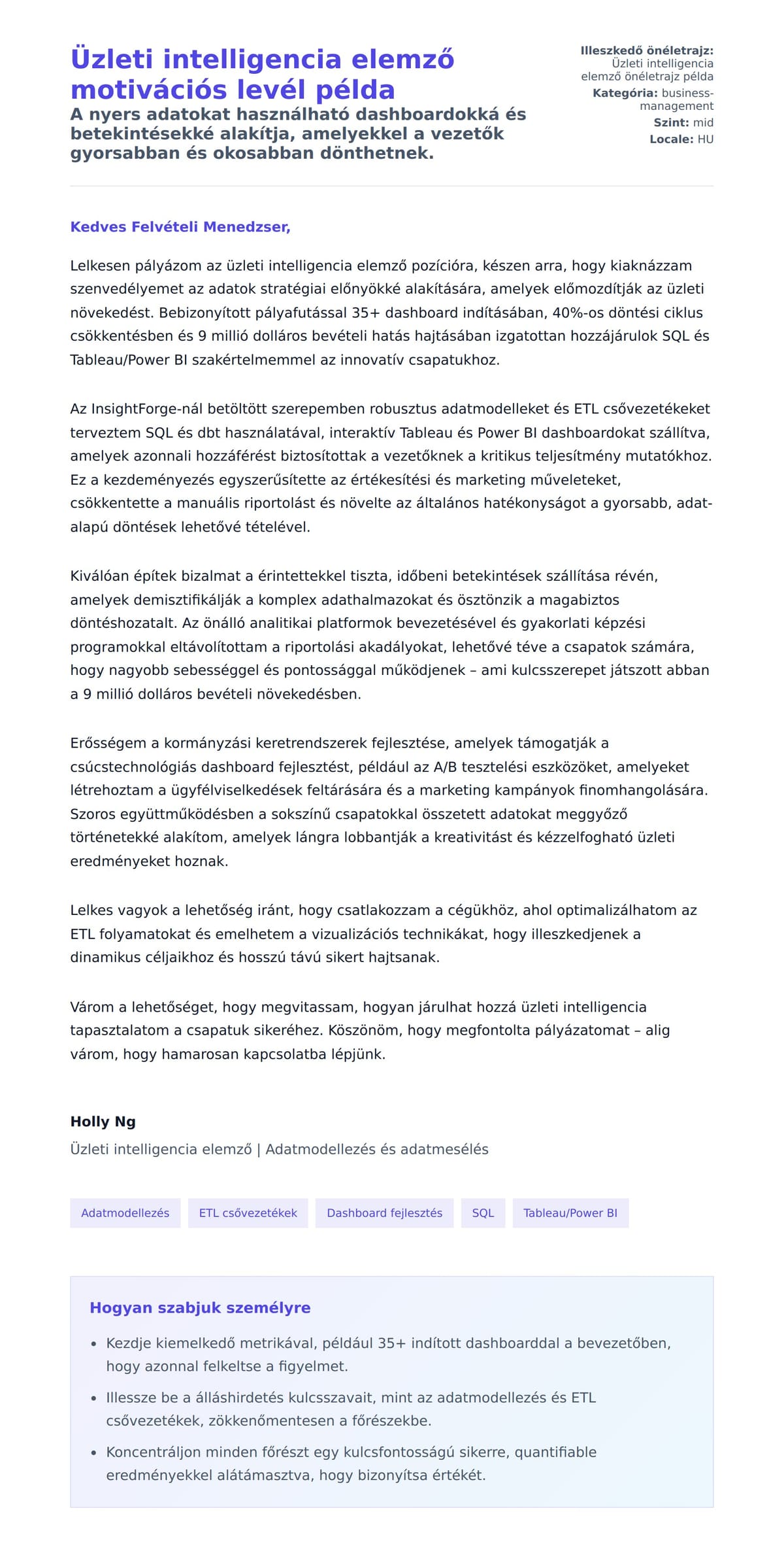 Kísérőlevél előnézet Üzleti intelligencia elemző motivációs levél példa számára