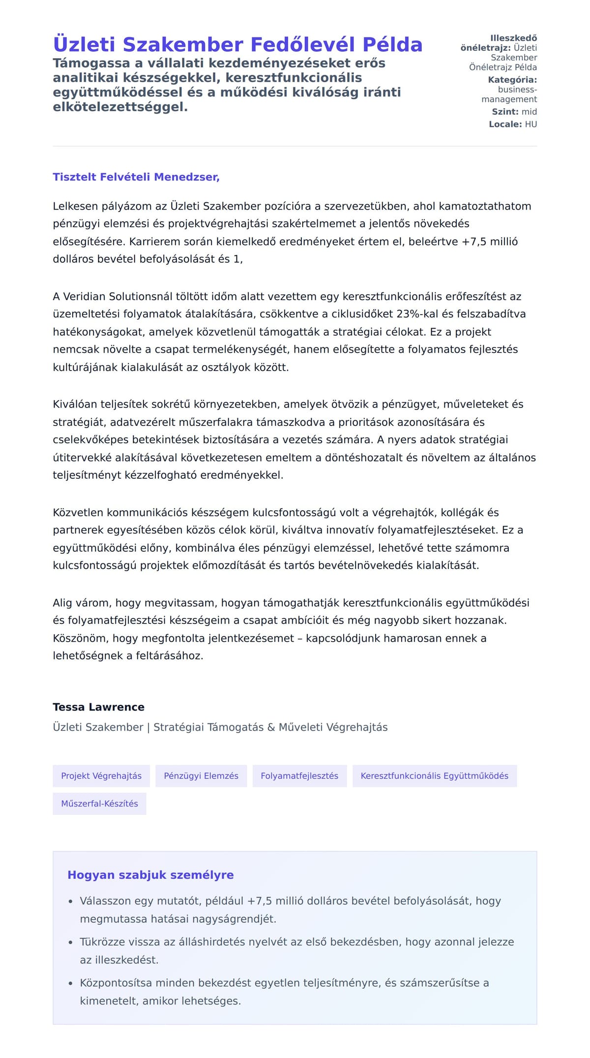 Kísérőlevél előnézet Üzleti Szakember Fedőlevél Példa számára