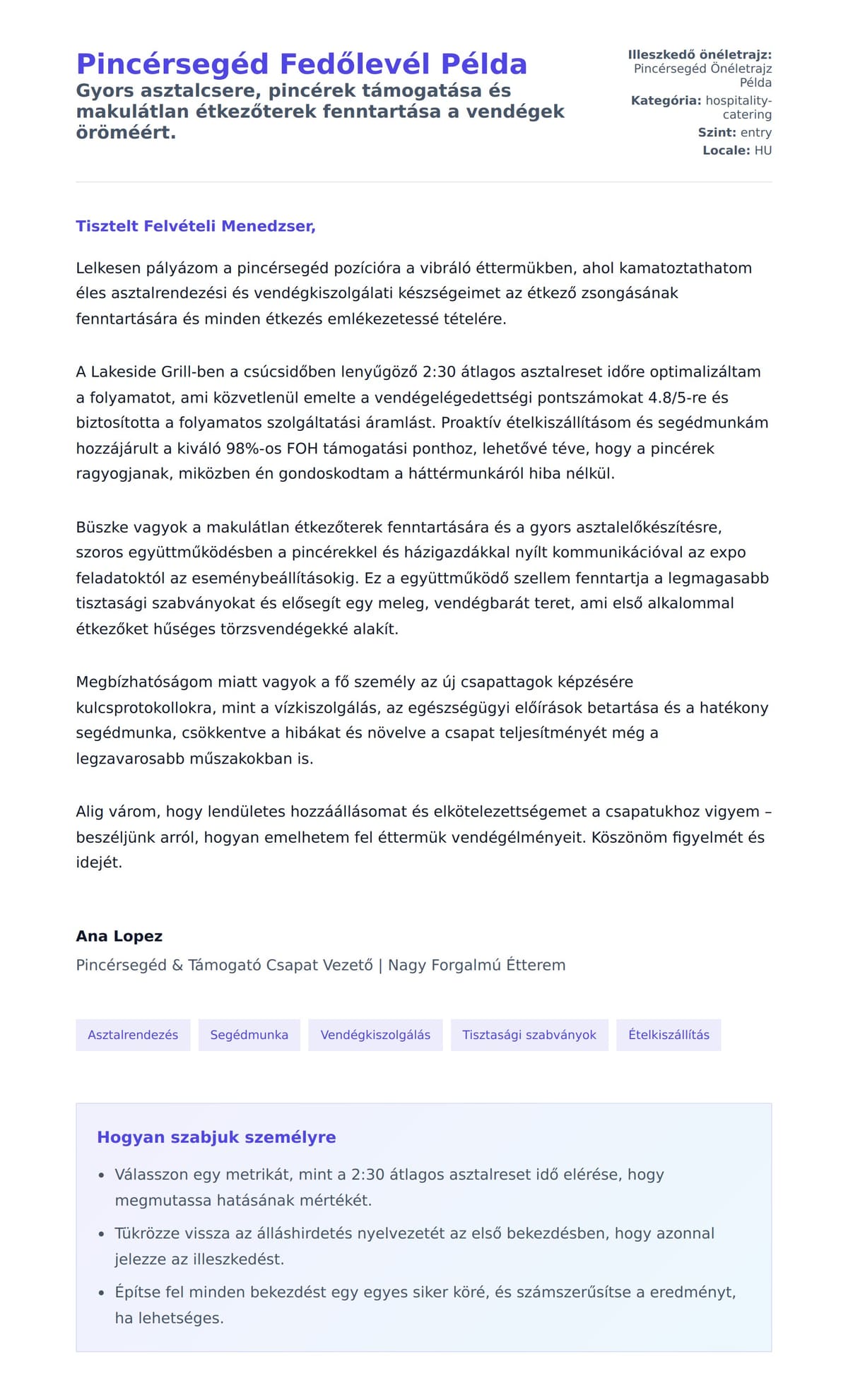 Kísérőlevél előnézet Pincérsegéd Fedőlevél Példa számára