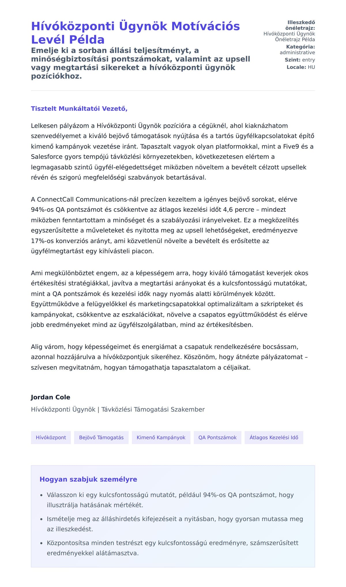 Hívóközponti Ügynök Motívációs Levél Példa