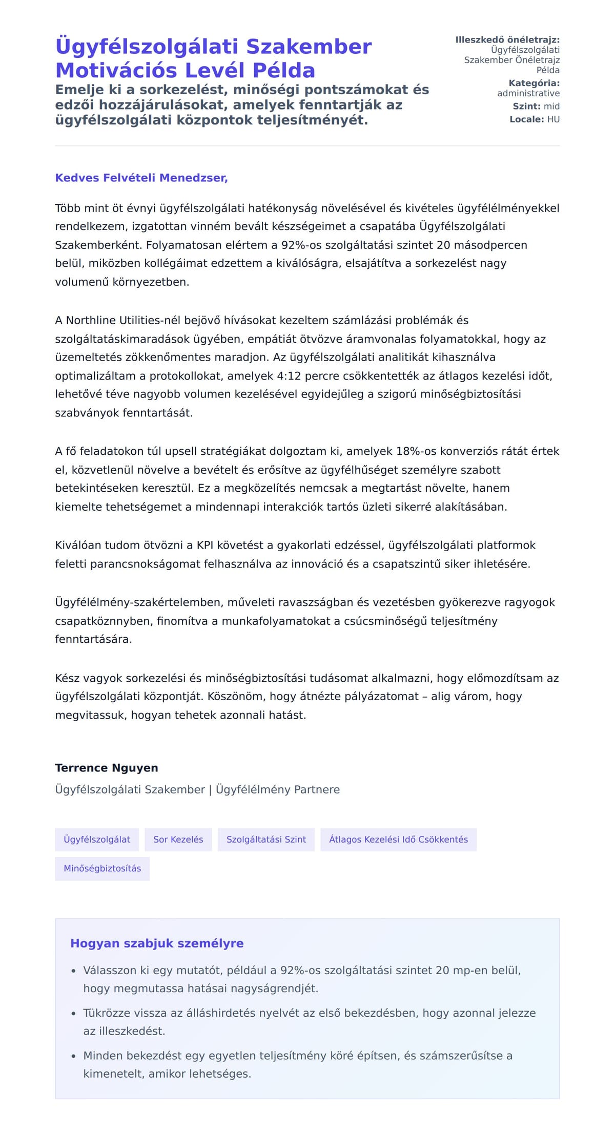 Ügyfélszolgálati Szakember Motivációs Levél Példa