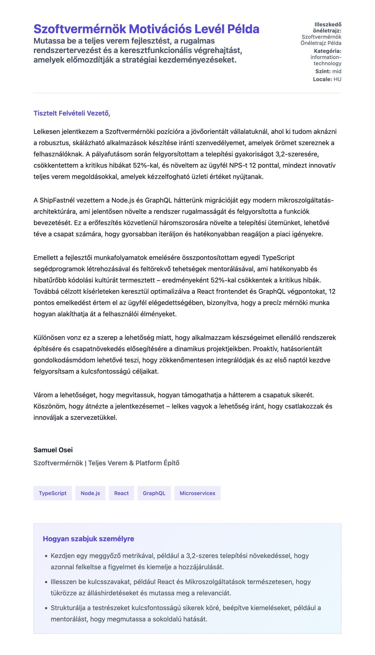 Kísérőlevél előnézet Szoftvermérnök Motivációs Levél Példa számára