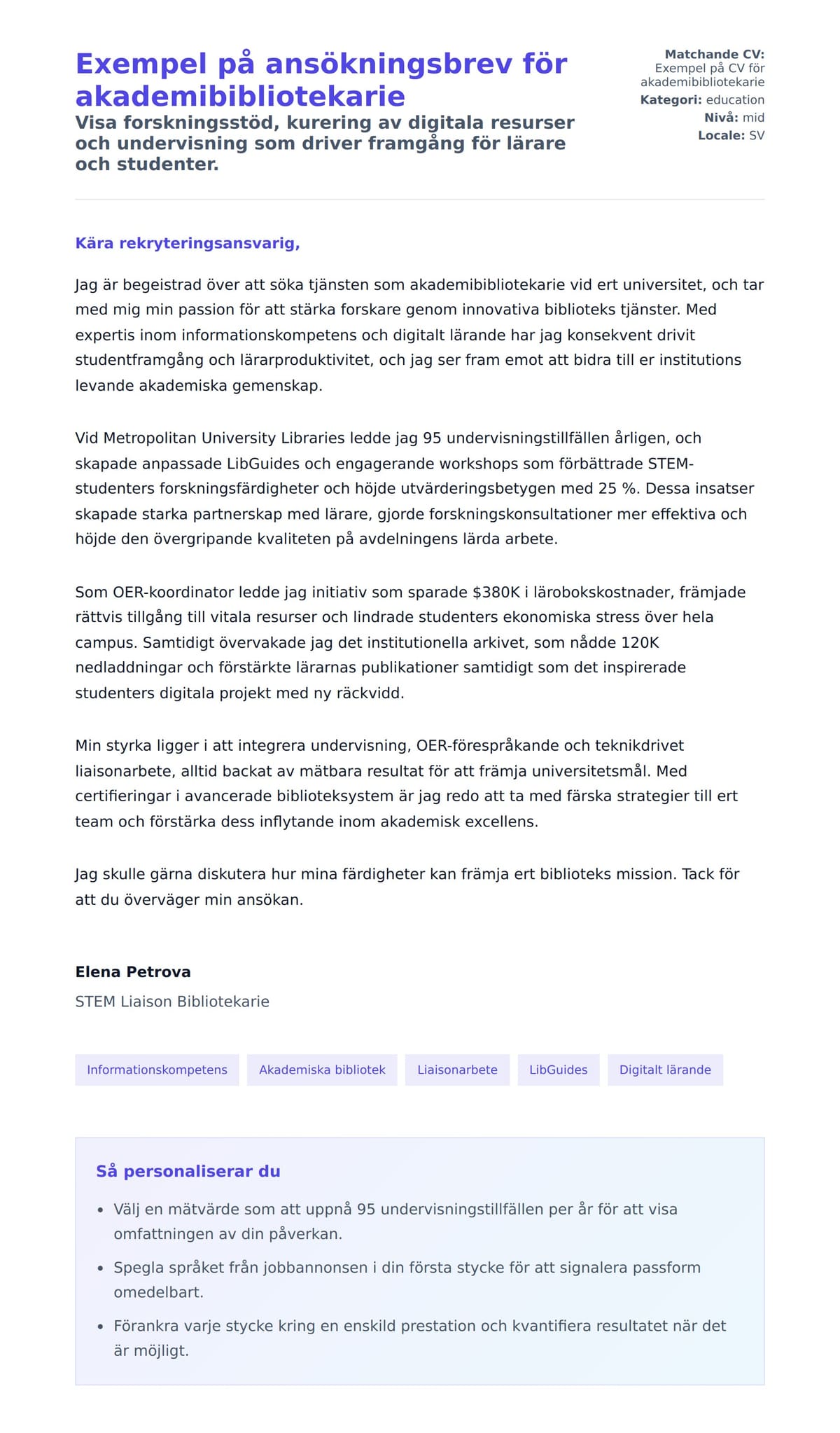 Förhandsgranskning av motivationsbrev för Exempel på ansökningsbrev för akademibibliotekarie