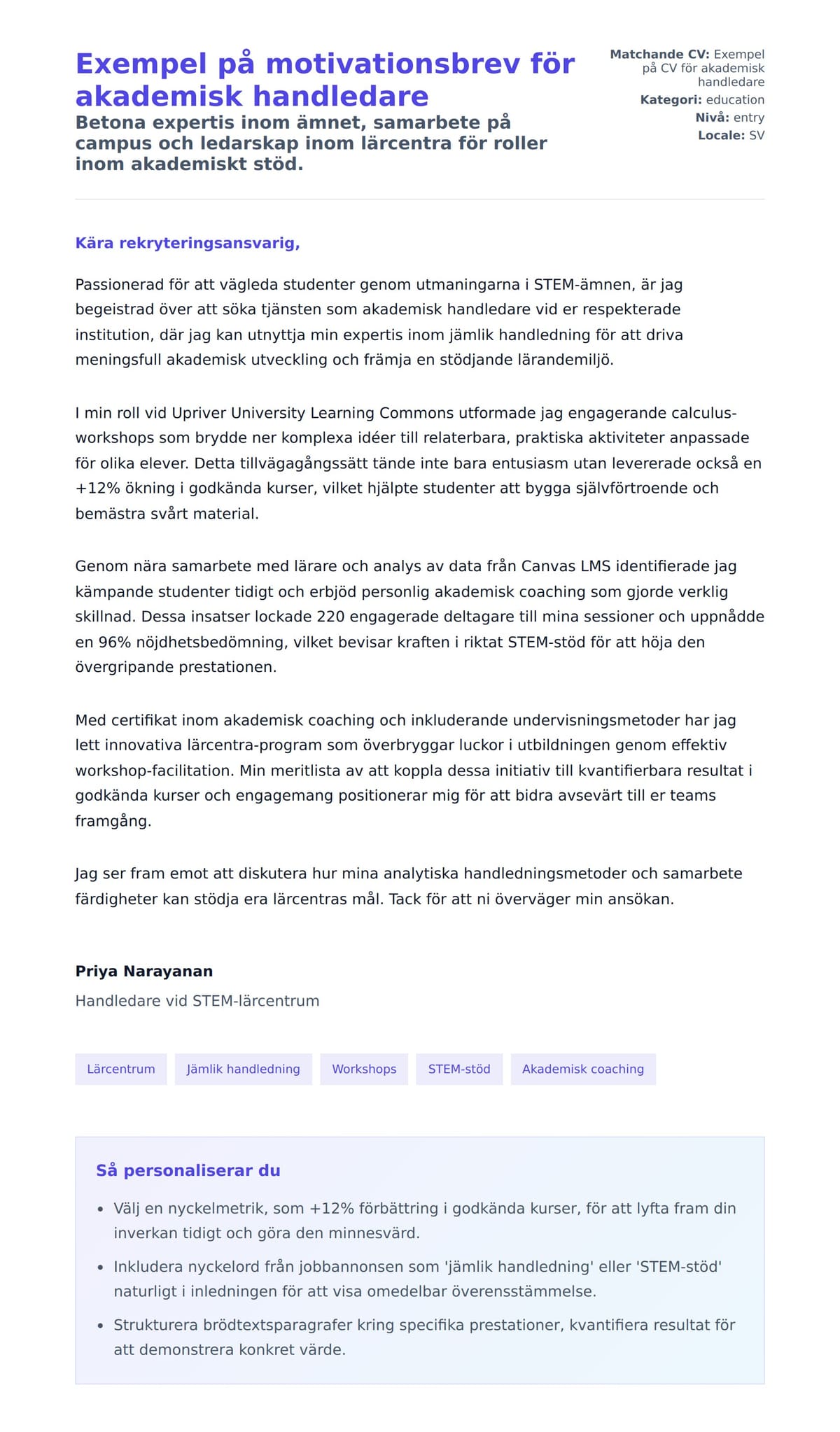 Förhandsgranskning av motivationsbrev för Exempel på motivationsbrev för akademisk handledare