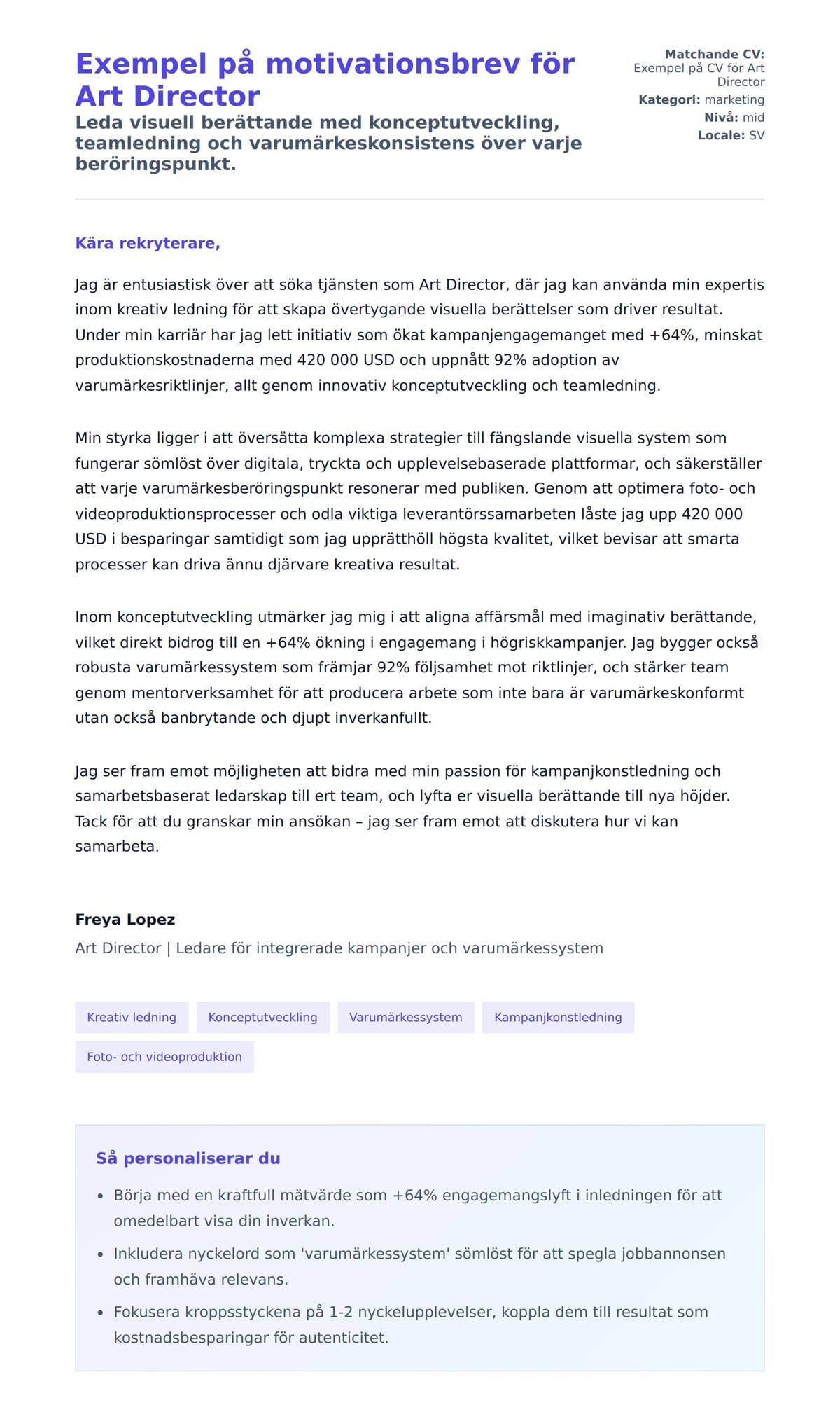 Förhandsgranskning av motivationsbrev för Exempel på motivationsbrev för Art Director