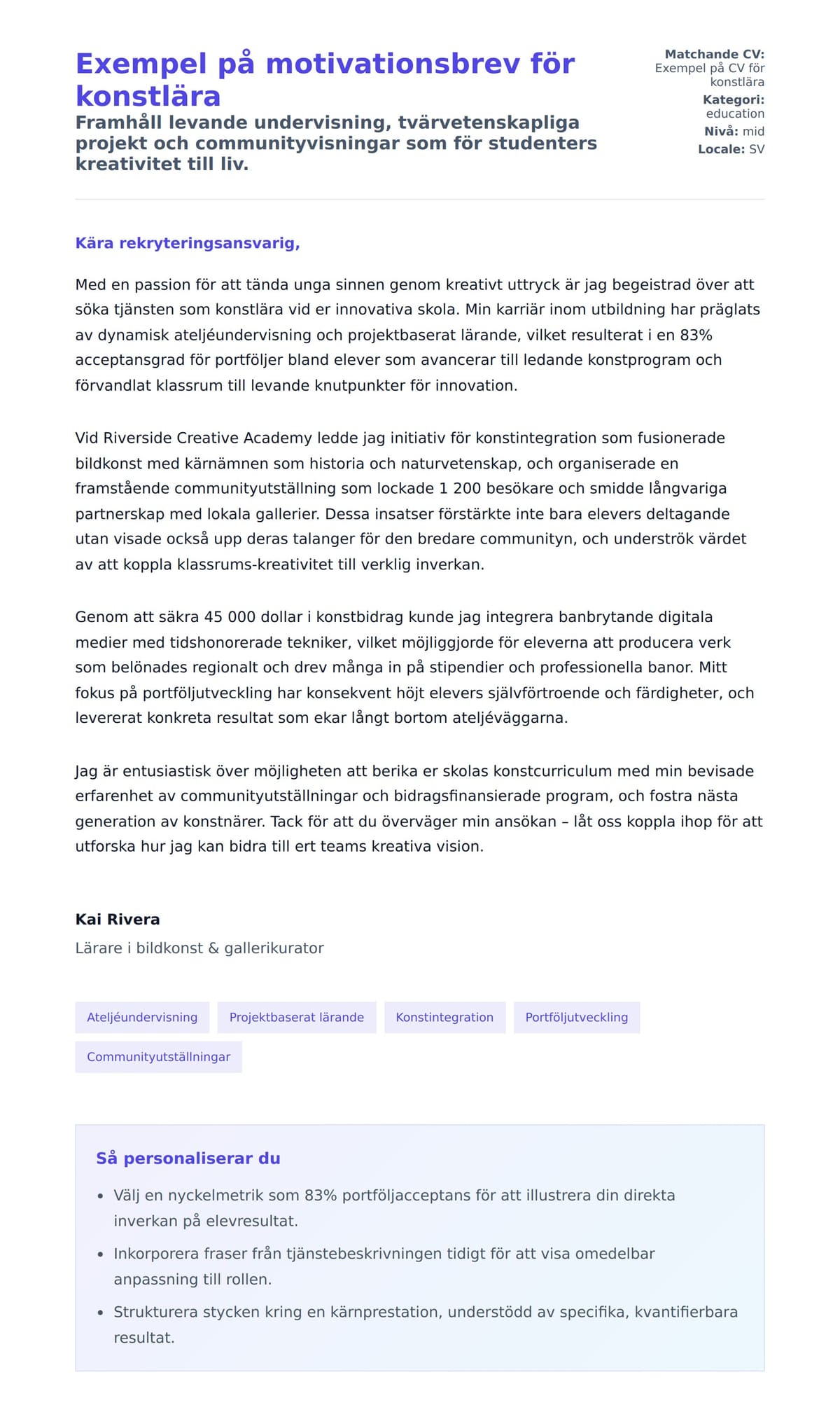 Förhandsgranskning av motivationsbrev för Exempel på motivationsbrev för konstlära