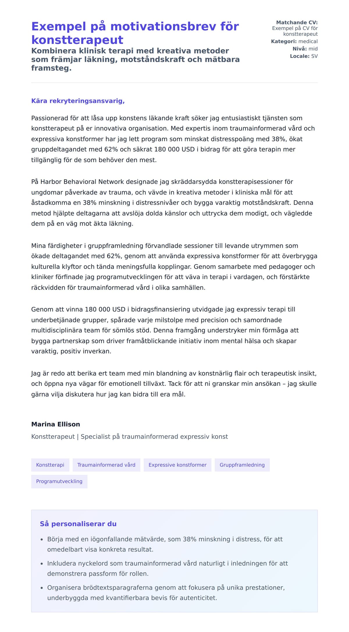 Förhandsgranskning av motivationsbrev för Exempel på motivationsbrev för konstterapeut