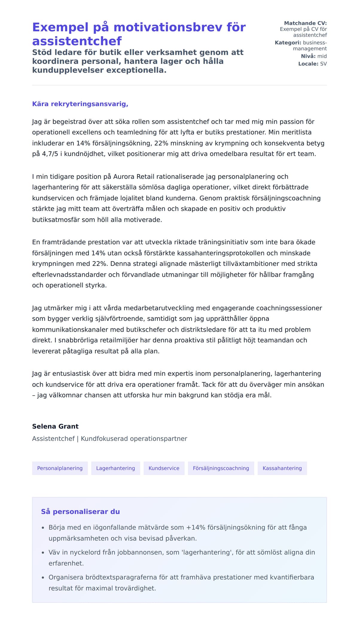 Förhandsgranskning av motivationsbrev för Exempel på motivationsbrev för assistentchef