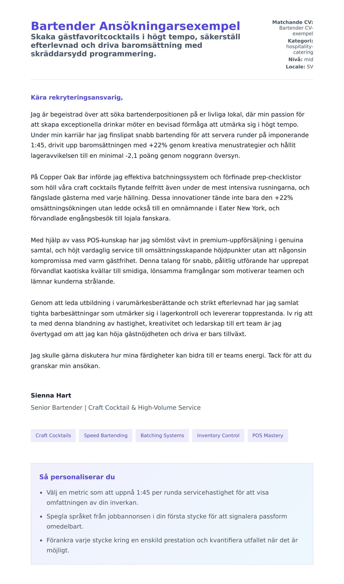 Förhandsgranskning av motivationsbrev för Bartender Ansökningarsexempel