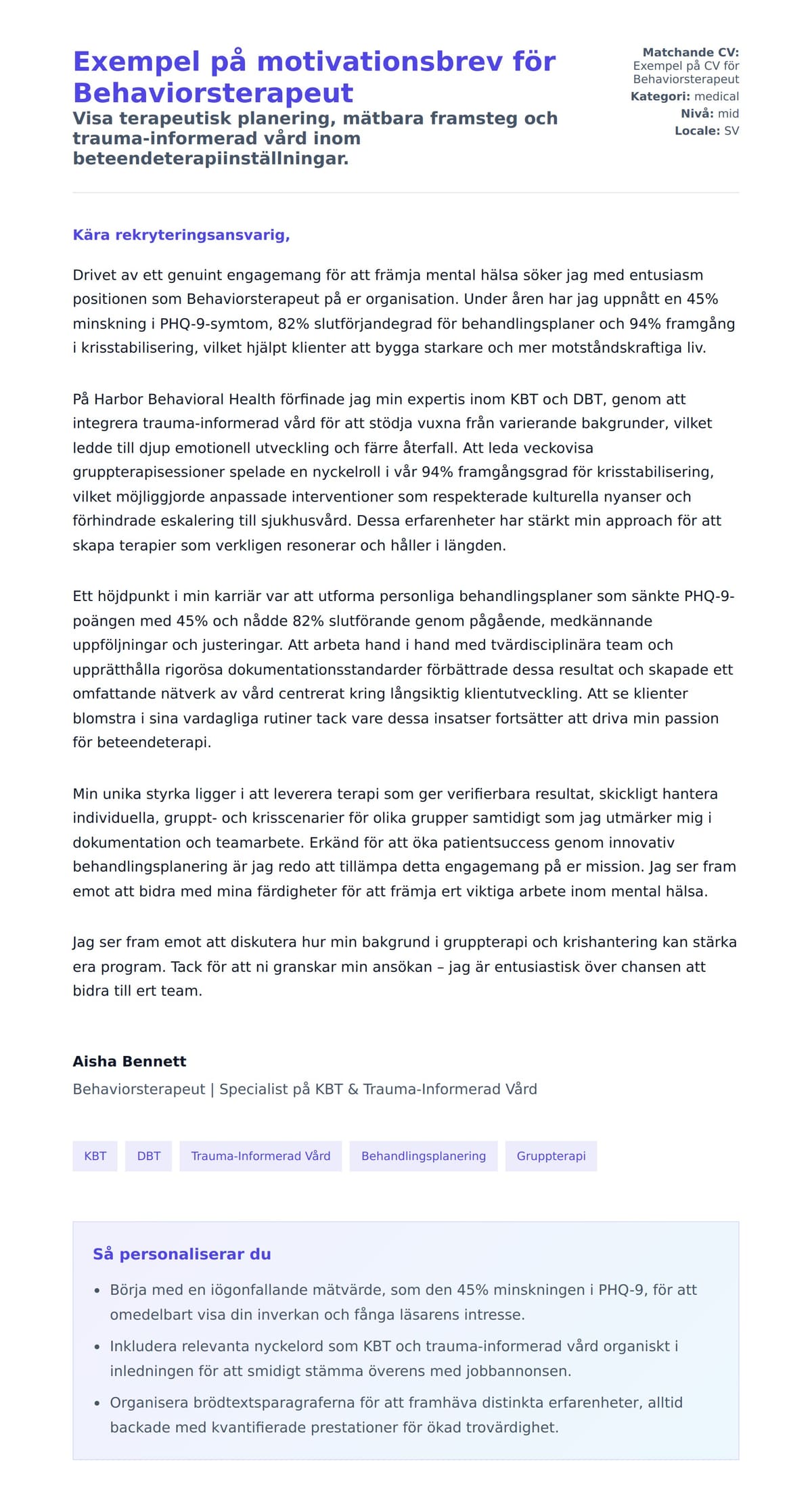 Förhandsgranskning av motivationsbrev för Exempel på motivationsbrev för Behaviorsterapeut