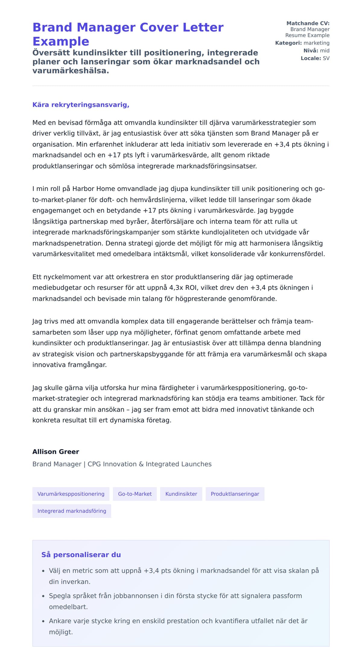 Förhandsgranskning av motivationsbrev för Brand Manager Cover Letter Example